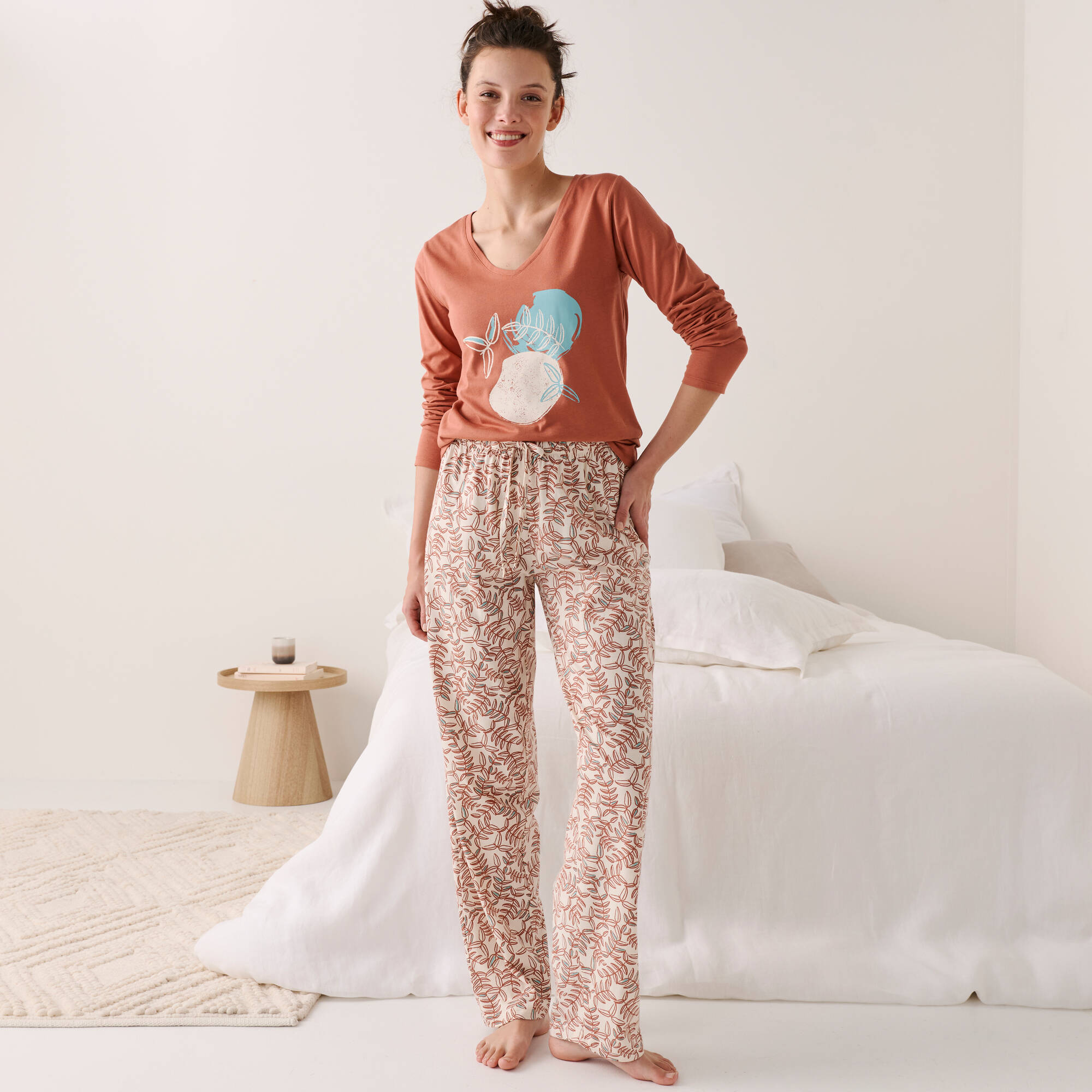 Pantalon pyjama coton imprimé "feuillage" avec lien à nouer