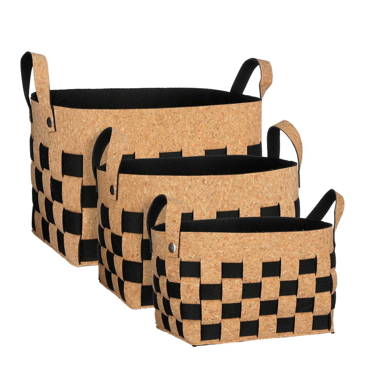 Mica Decorations Opbergmand - Set van 3 - L40 x B30 x H30 cm - Kurk/Vilt - Zwart