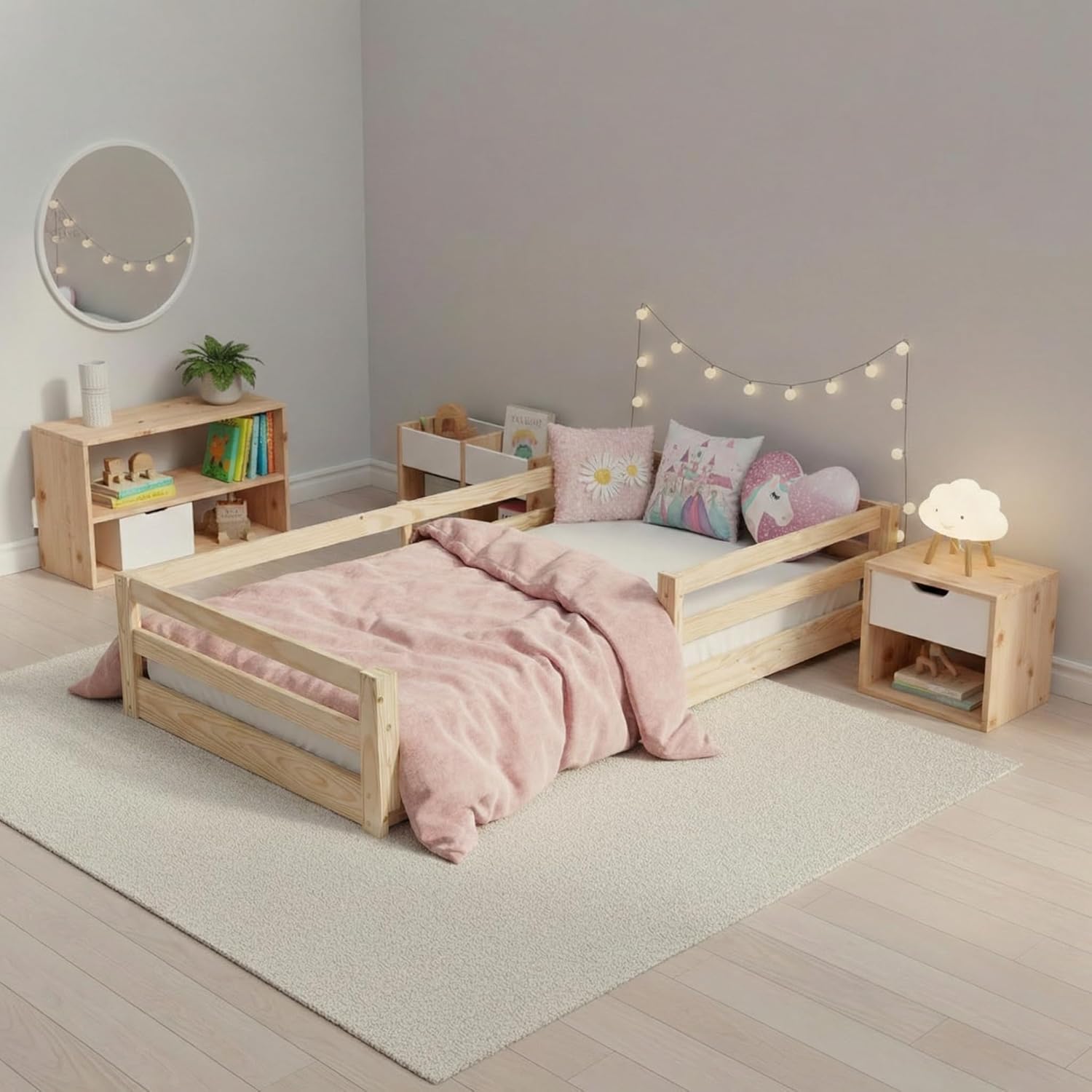 From the Tree Furniture Twin Size Floor Bed Frame, Solid Wood Montessori Bed for Toddlers & Kids, Low Platform Bed with Slats, Adult Weight Capacity, White or Unfinished (Unfinished)