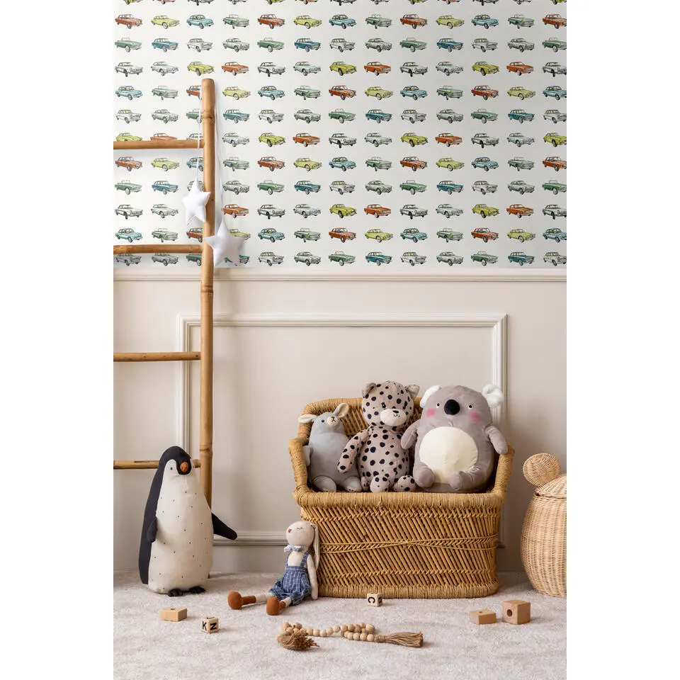 Walls4You behang getekende vintage auto's multicolor op wit - 53 cm x 10.05 m