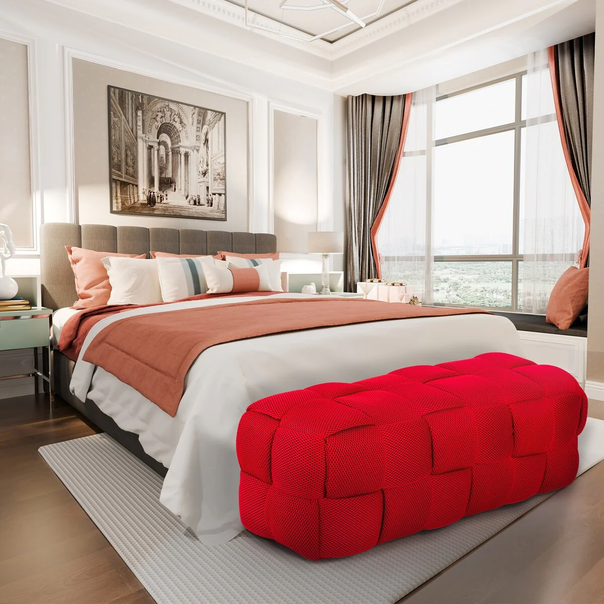 Modern 3D Breathable Fabric Large Ottoman Bench