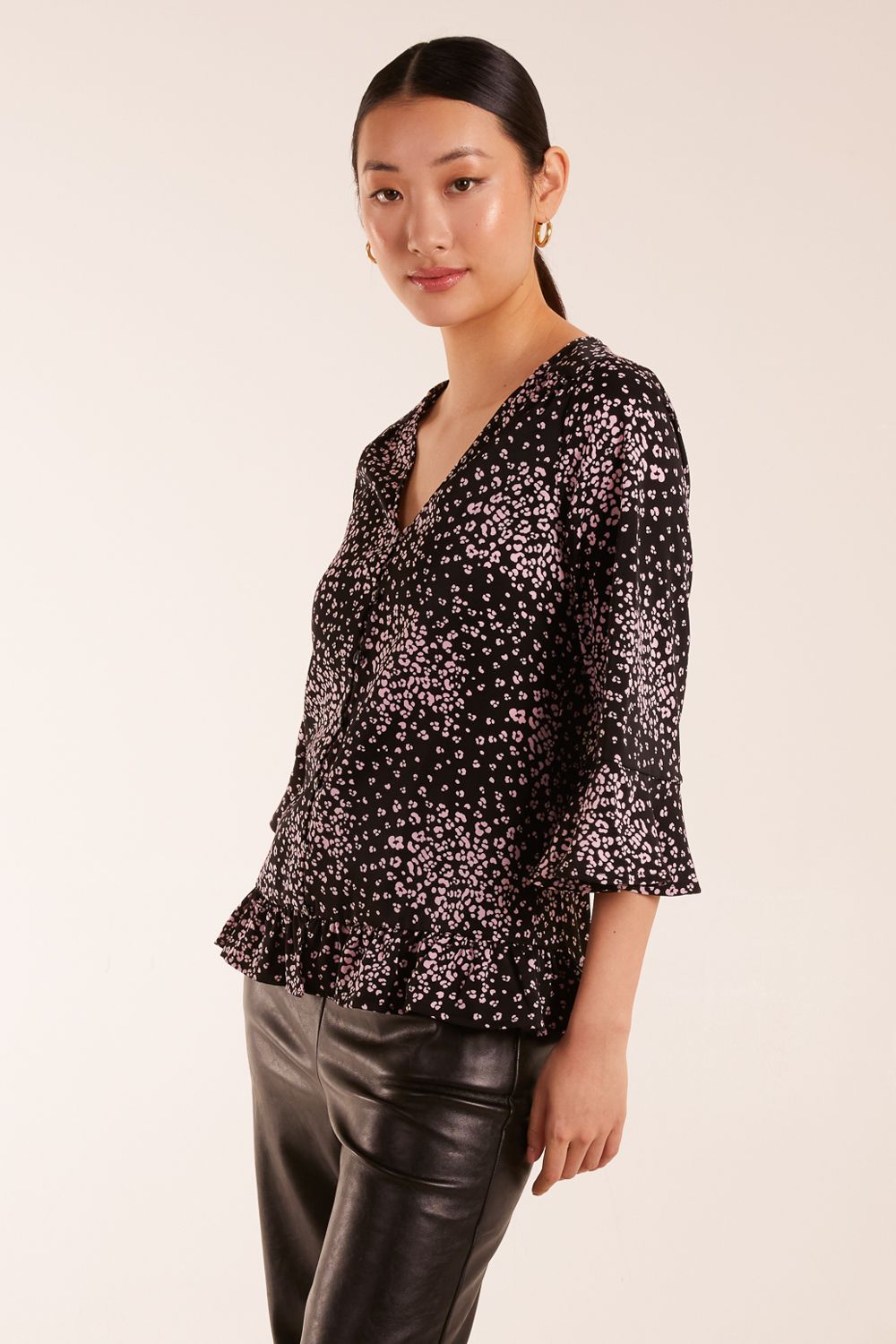Blue Vanilla Button Front V Neck Flounce Blouse