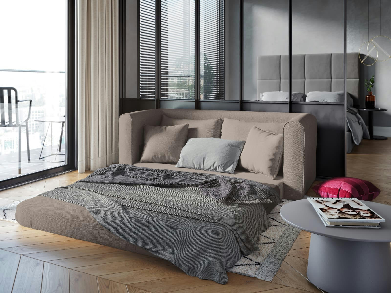 LIDO - Canapé convertible 2 places en tissu structuré beige