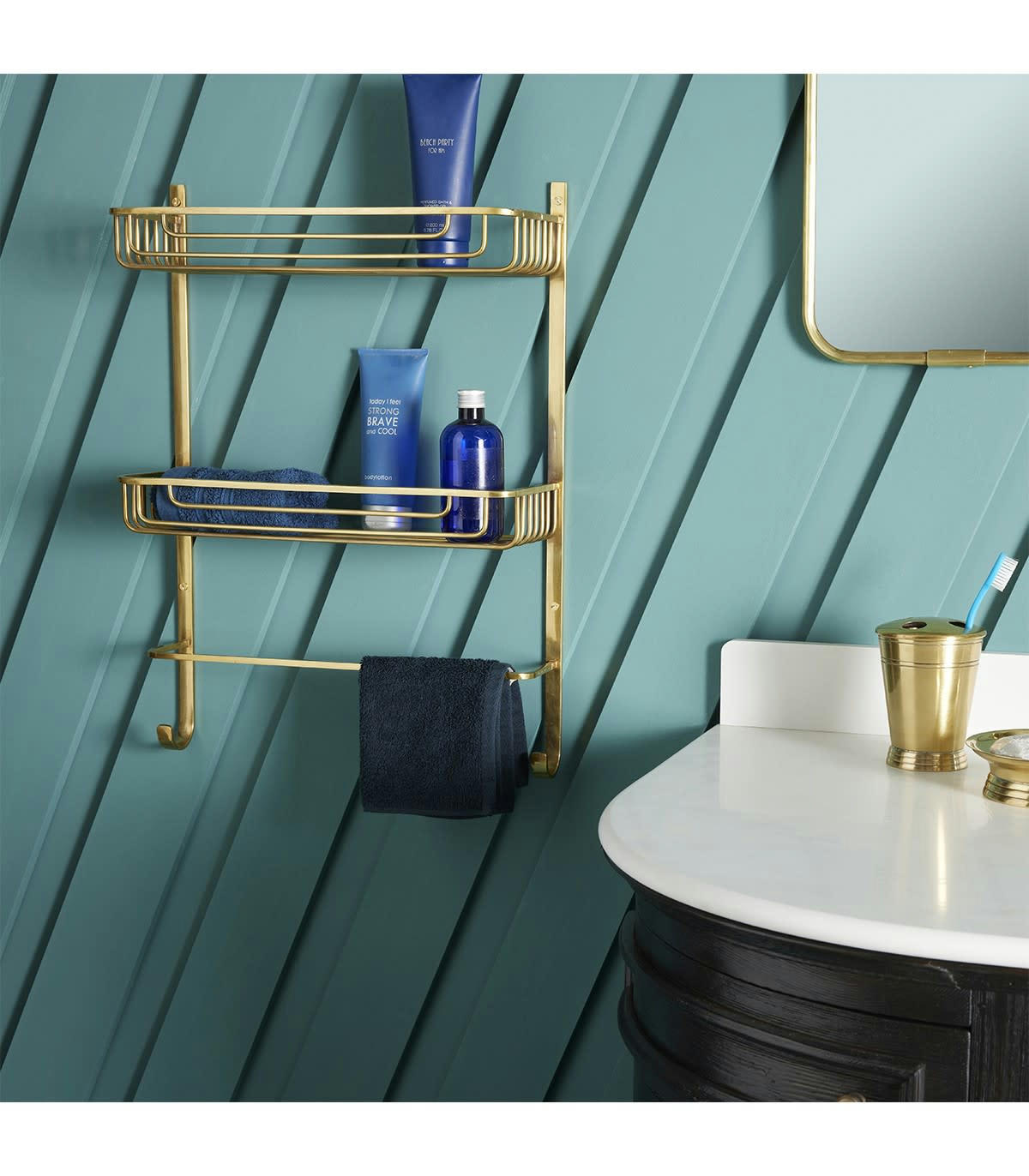 - Étagère Murale 2 Niveaux avec Porte-Serviettes en Laiton Dorée