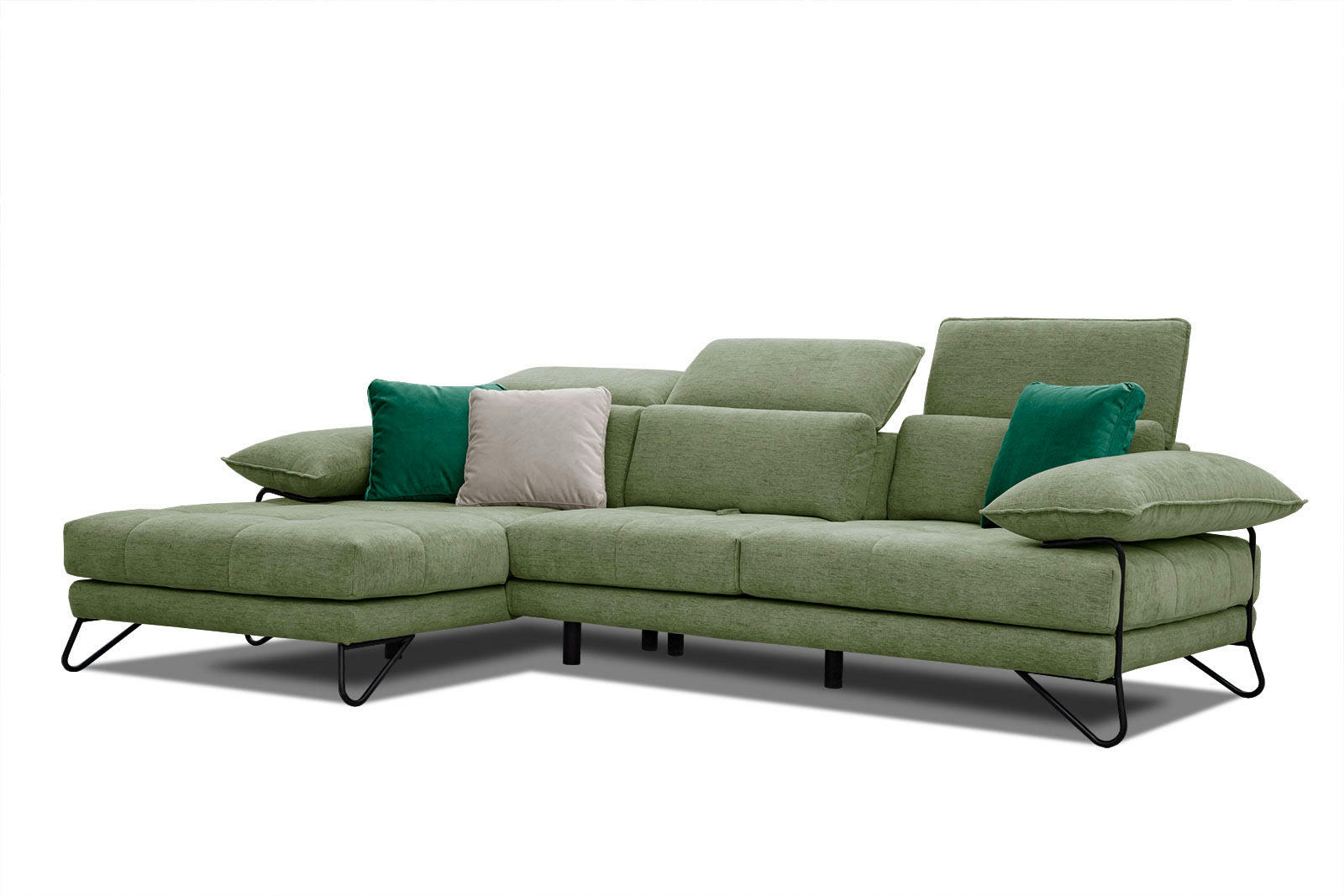 NORDEN - Canapé d'angle gauche 4 places en tissu vert avec coussins déco