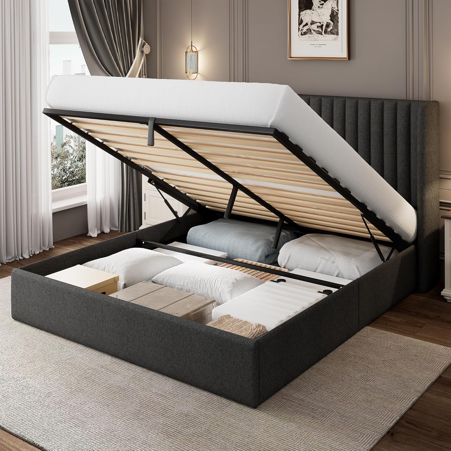 Queen Size Lift Up Storage Bed Frame with Wingback Headboard, Linen Upholstered Platform Bed with 10.8 Underneath Hydraulic Storage, Wooden Slats Support, No Box Spring Needed, Dark Gray