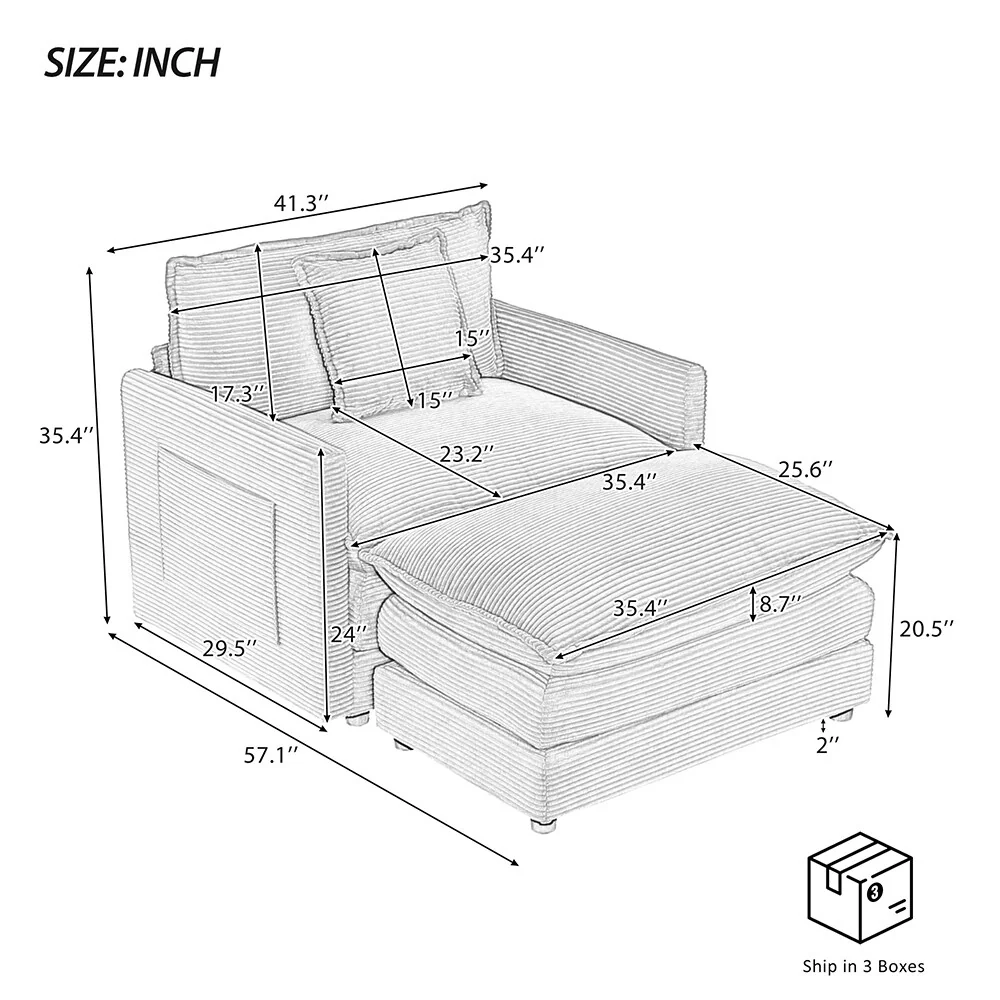 41.3 Compact Corduroy Sectional, Modular Sofa with Cushioned Storage