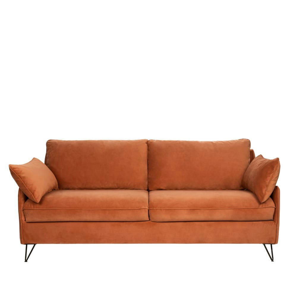 LUNERY - Canapé 4 places convertible en velours pieds épingles noirs rouille