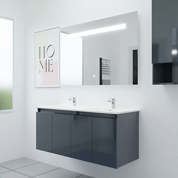 Meuble PROLINE 120 cm avec plan double vasque et miroir Elégance ht80- Gris- Plan vasque en Céramique