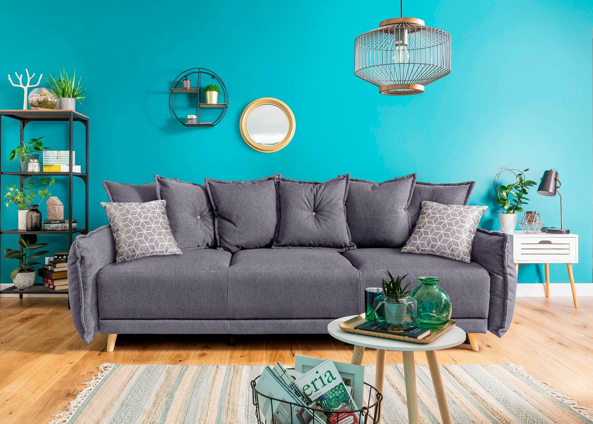 LENA - Canapé droit convertible 3 places en tissu gris clair