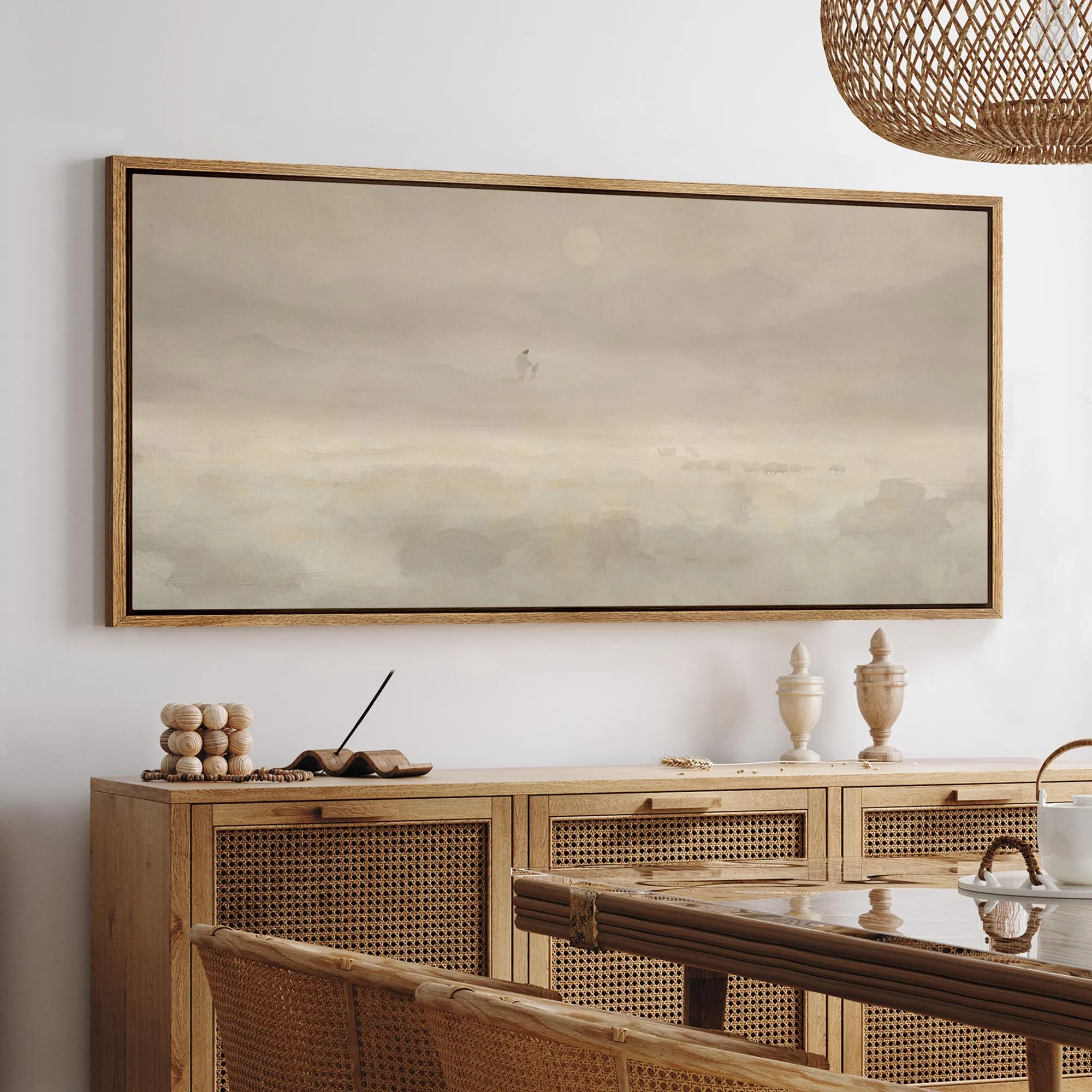 Jesus & Sheep Wall Art - Large Framed Minimalist Christian Canvas Prints, Pastoral Abstract Landscape in Soft Neutrals for Church Decor