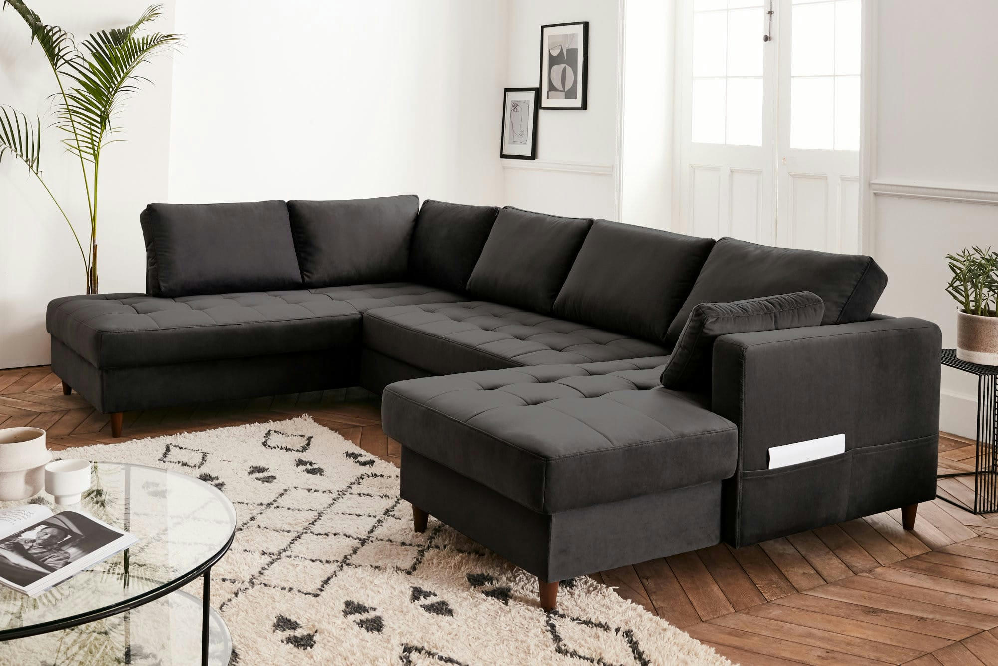 ANNA - Canapé panoramique 7 places angle gauche en velours gris foncé