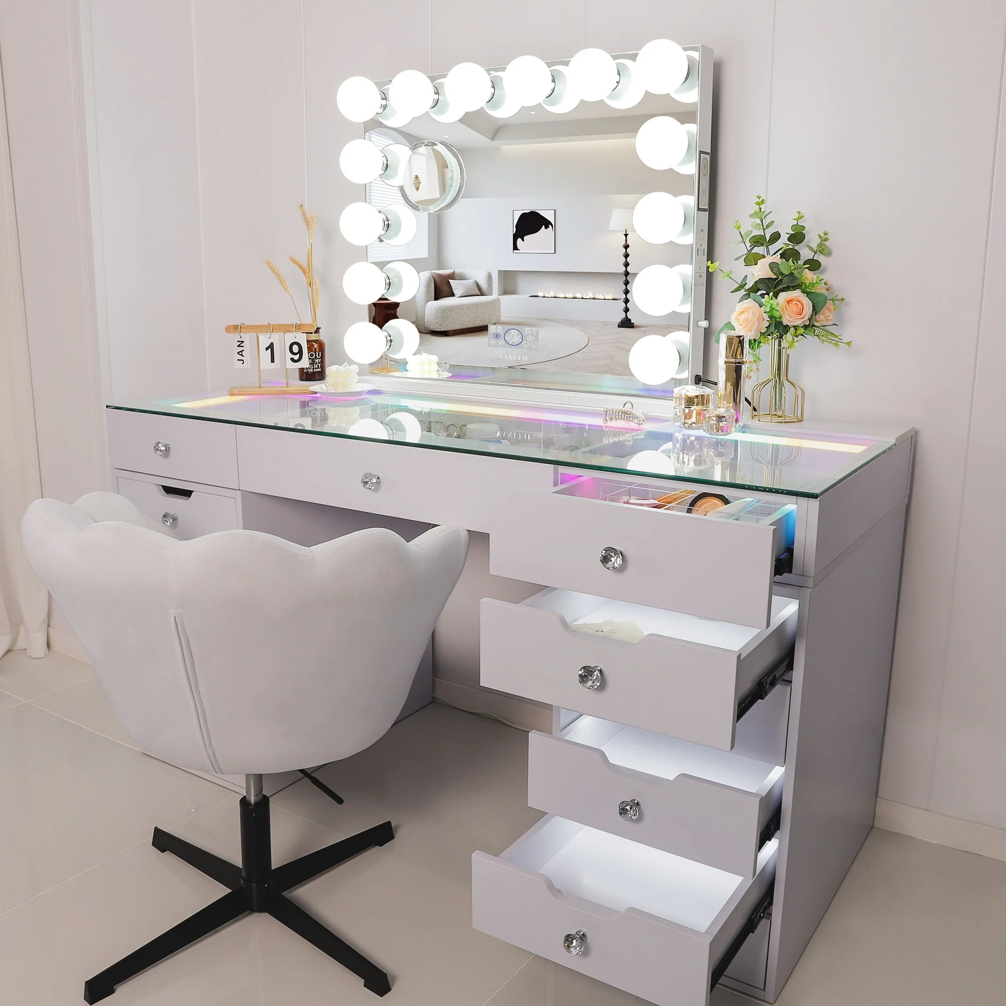 VANITII 13 Storage Drawers With Lights Makeup Vanity Desk RGB Strip With 14/15 LED Bluetooth Mirror Bedroom Dresser