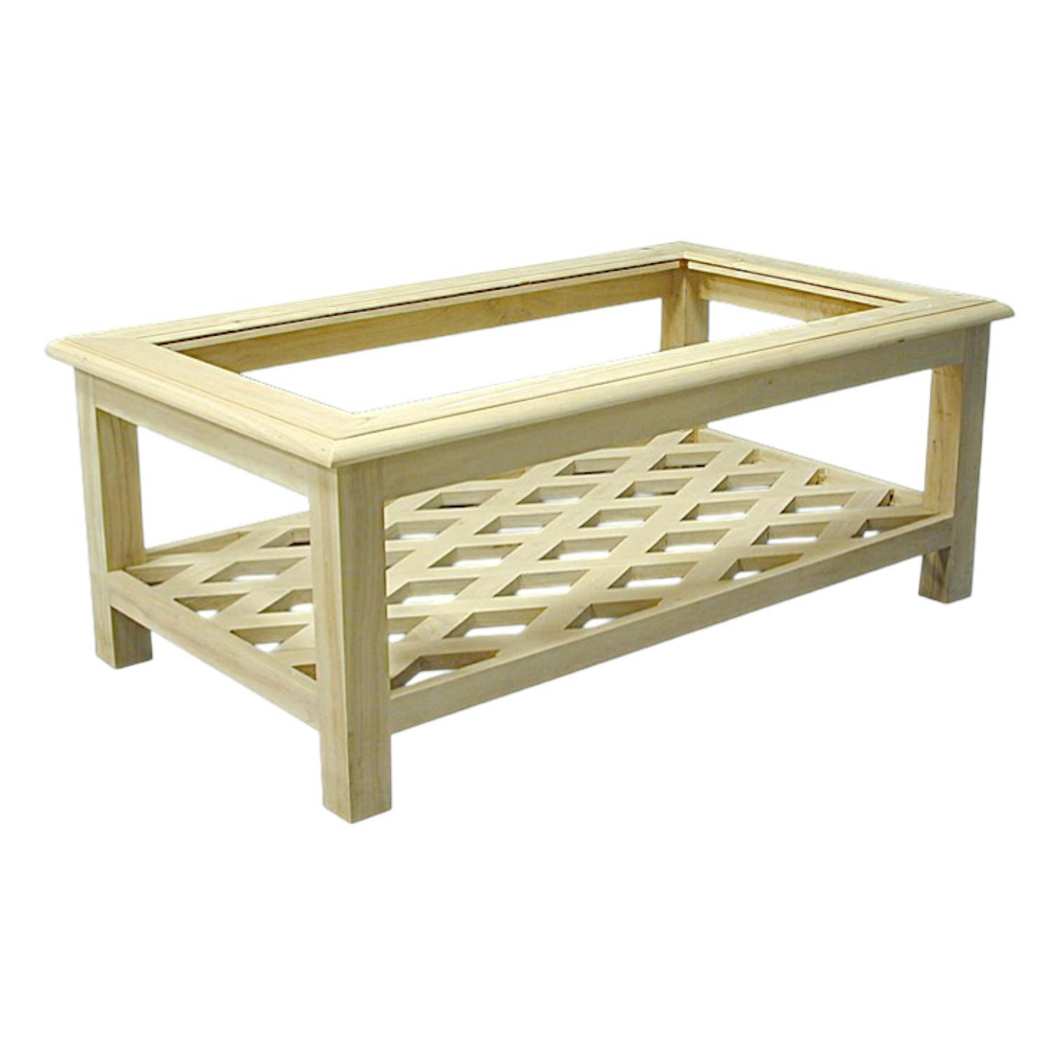 Table basse Hévéa double plateaux, 1 plateau verre, 1 plateau ajouré effet croisé 120x70x47cm MAORI