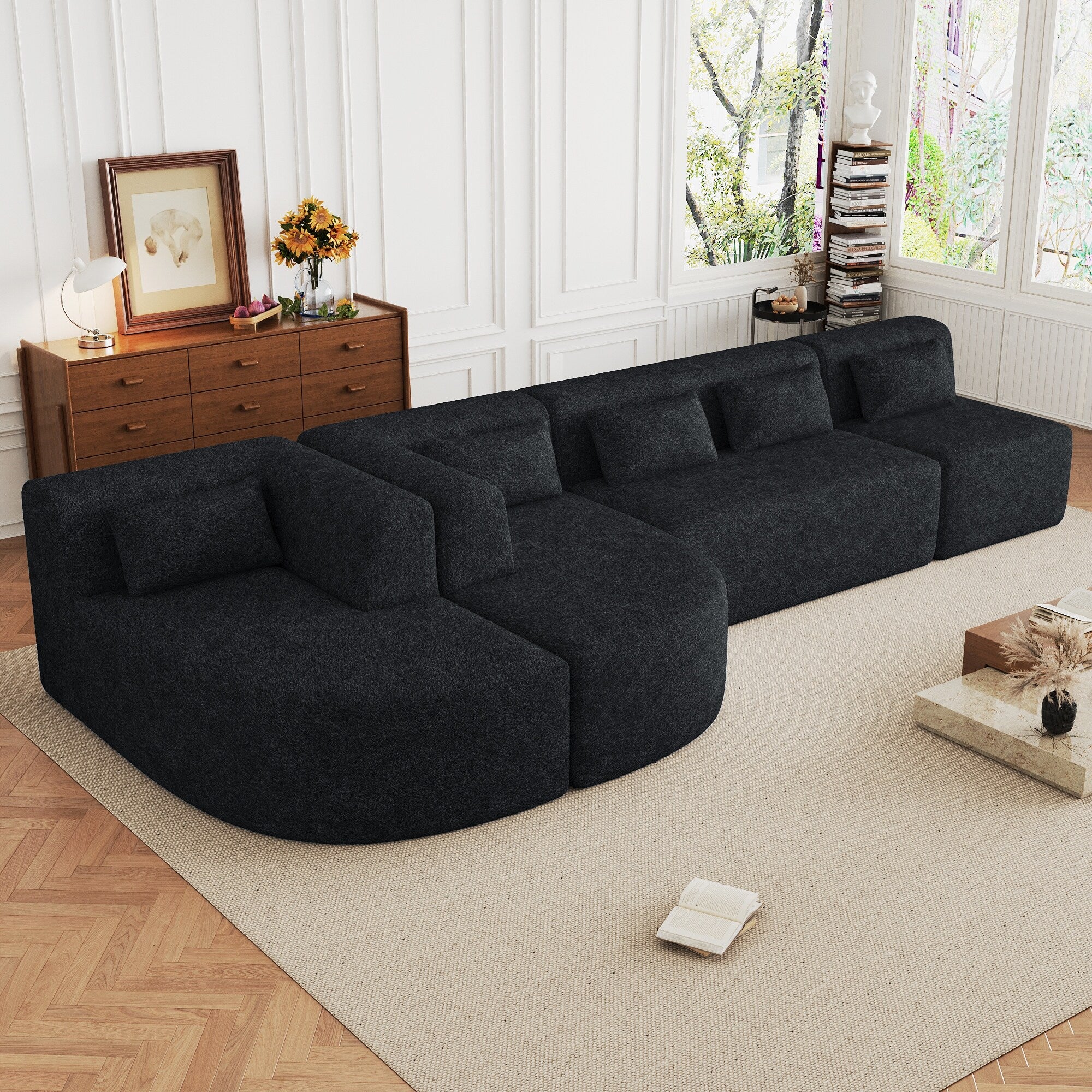 143.7 Modular Upholstered 5-Seat Sectional Sofa with Two Curved Chaise Lounges and Five Lumbar Cushions