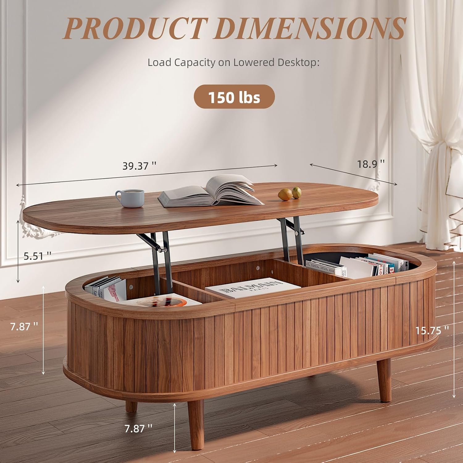 Easyego Oval Lift Top Coffee Table with Storage, 40 Fluted Modern Hidden Compartment Center Table for Living Room, Small Space Apartment, Home Office Desk, Walnut