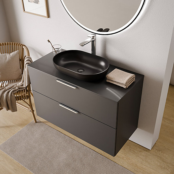 Meuble sous vasque suspendu MDF Anthracite mat 100x46x62cm, Plan lavabo Noir mat   2 tiroirs poignée Chrome - TIM100