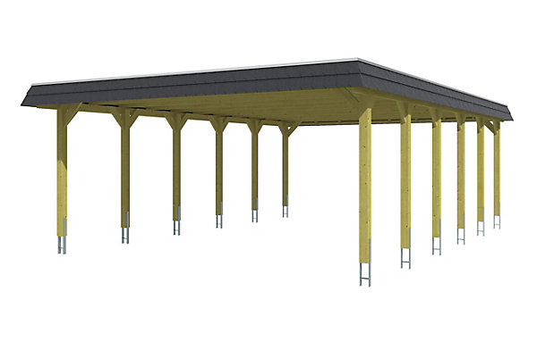 Carport SKAN HOLZ Spreewald 585x893cm, toit en aluminium, bandeau noir, bois résineux imprégné vert