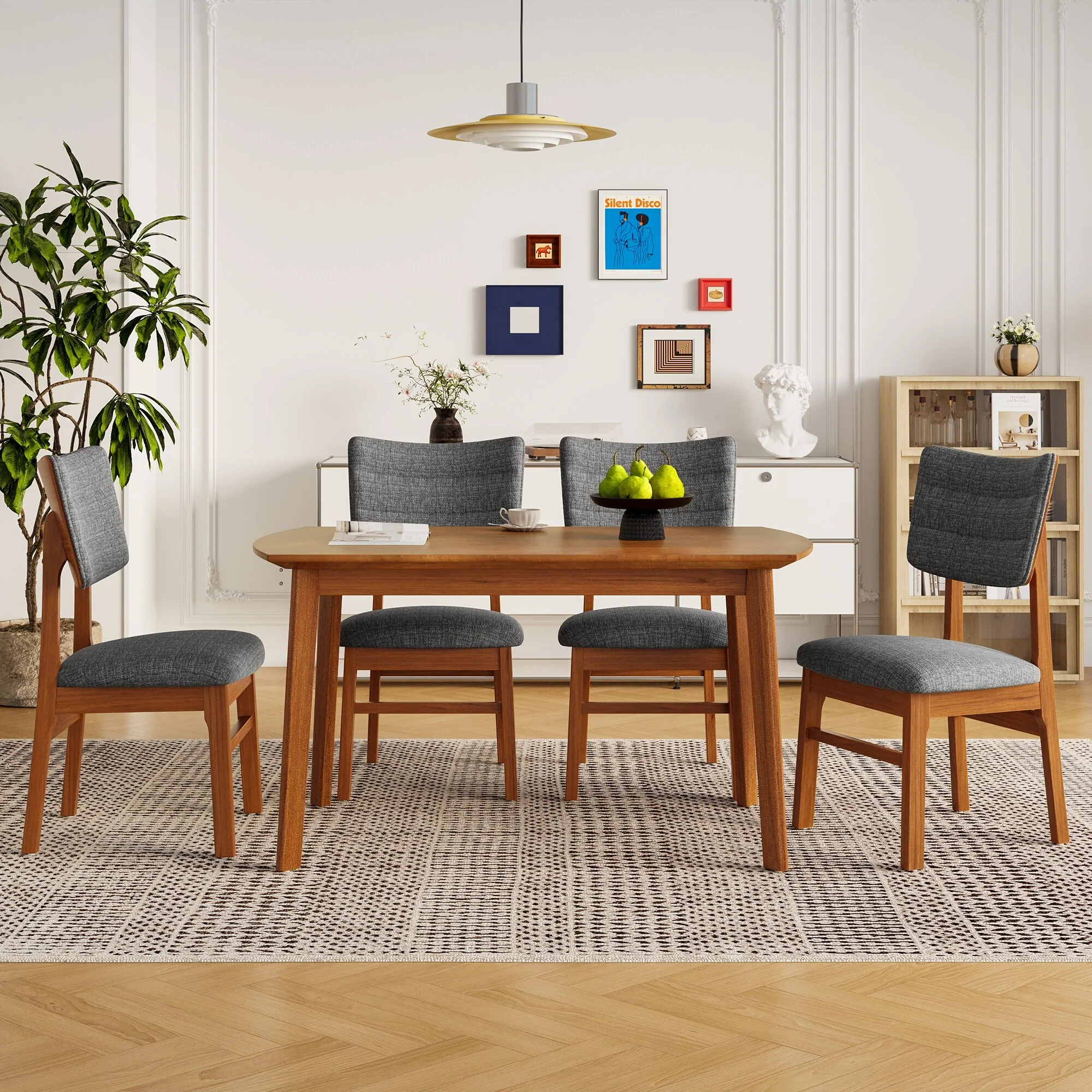 5-Piece Mid-Century Modern Dining Set: Solid Wood Table & 4 Upholstered Chairs – Farmhouse Style, Space-Saving .