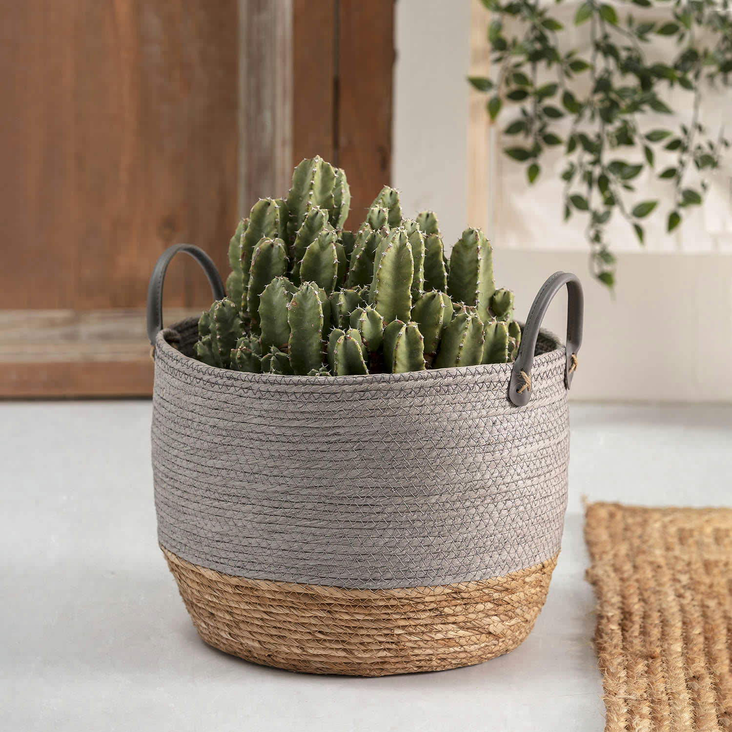 NEVES - Set de 3 paniers fibre naturelle et papier, gris/naturel