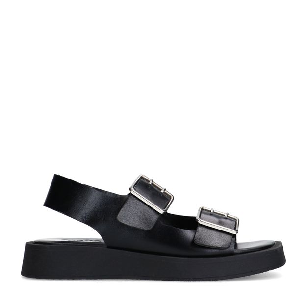 Zwarte leren plateau sandalen met zilverkleurige buckles