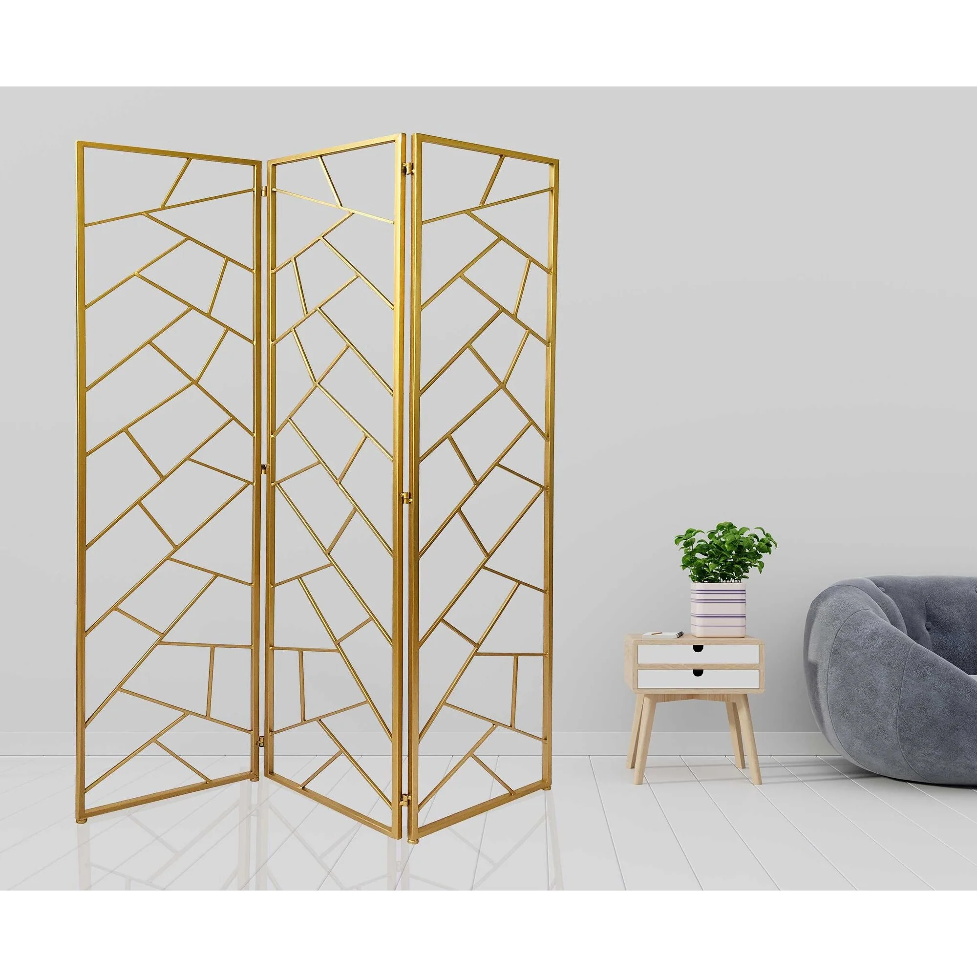 3 Panel Gold Room Divider with Geometric Motif
