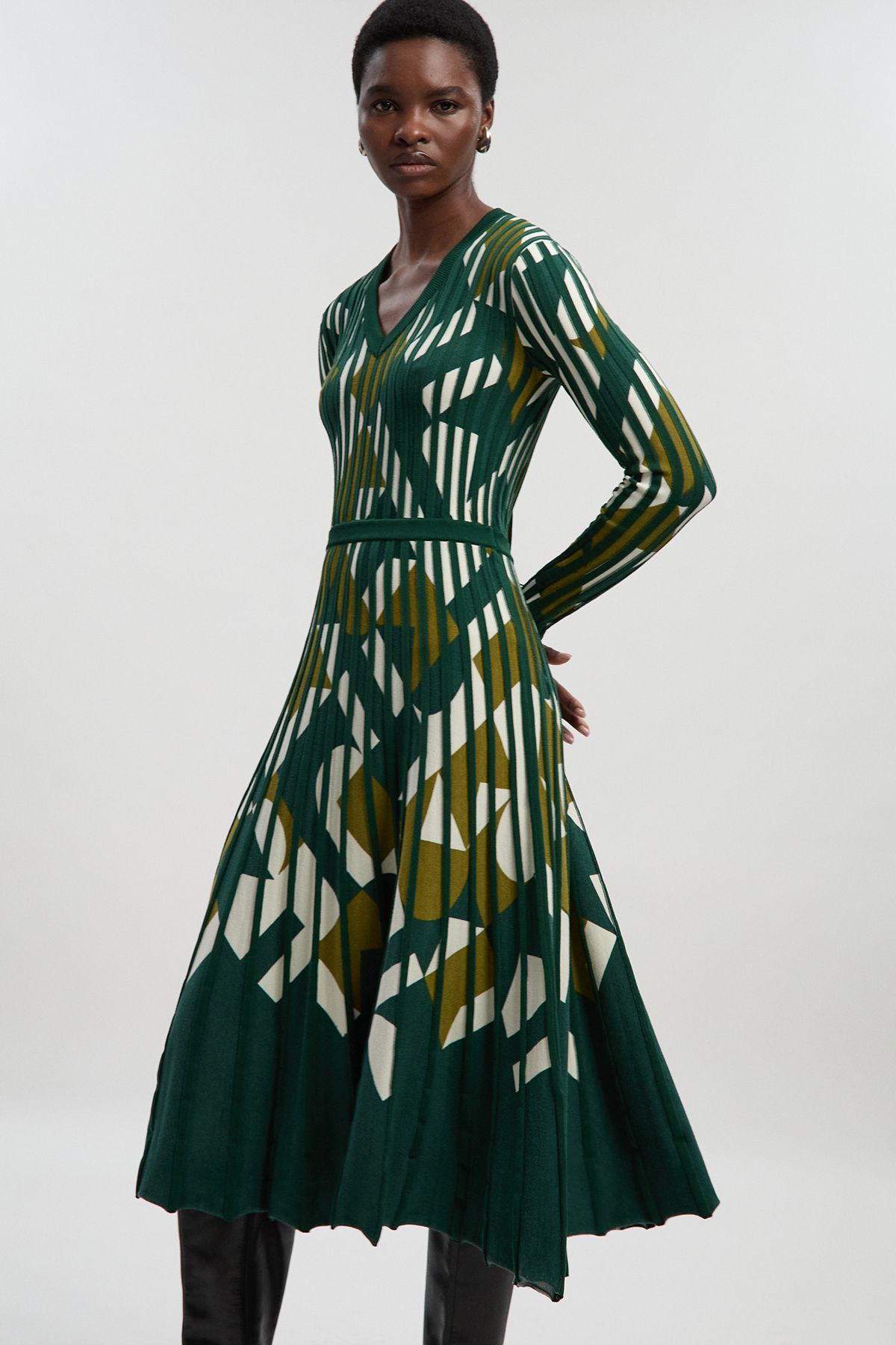 KarenMillen Geo Jacquard Knit Full Skirted Midi Dress
