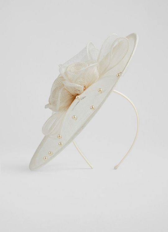 Ayla Cream Mesh Pearl Detail Wide Brim Fascinator