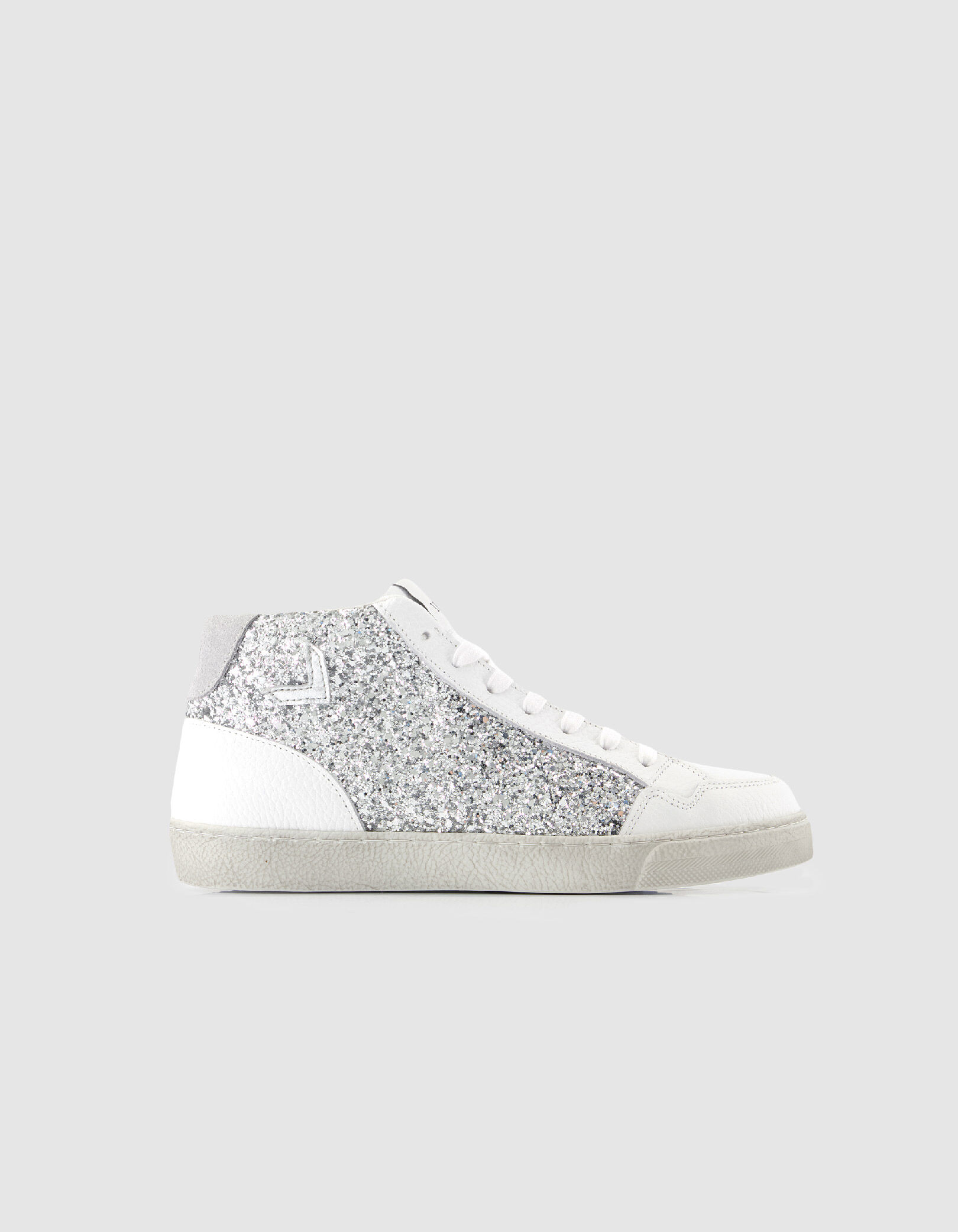 Baskets montantes blanches cuir et paillettes grises Femme