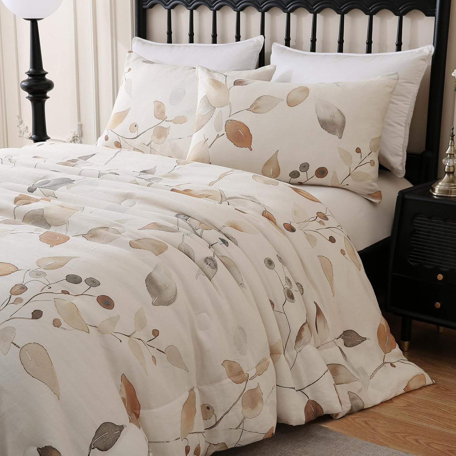 Merryword Linen Leaves Comforter Set Queen Size 3 Pieces Natural French Flax Linen Bedding Soft Breathable Moisture Wicking Comfy