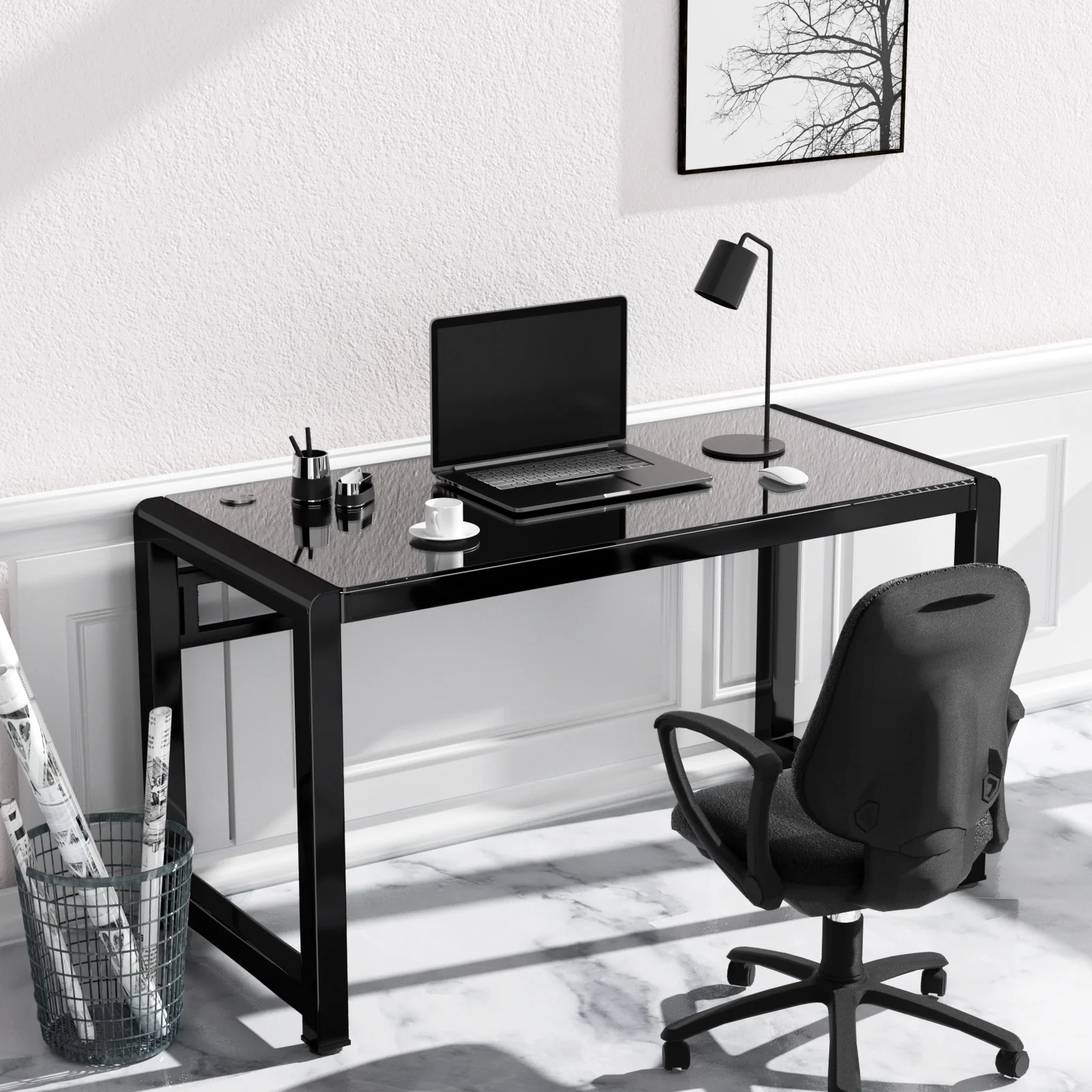 Black Tempered Glass Computer Desk for Home Office
