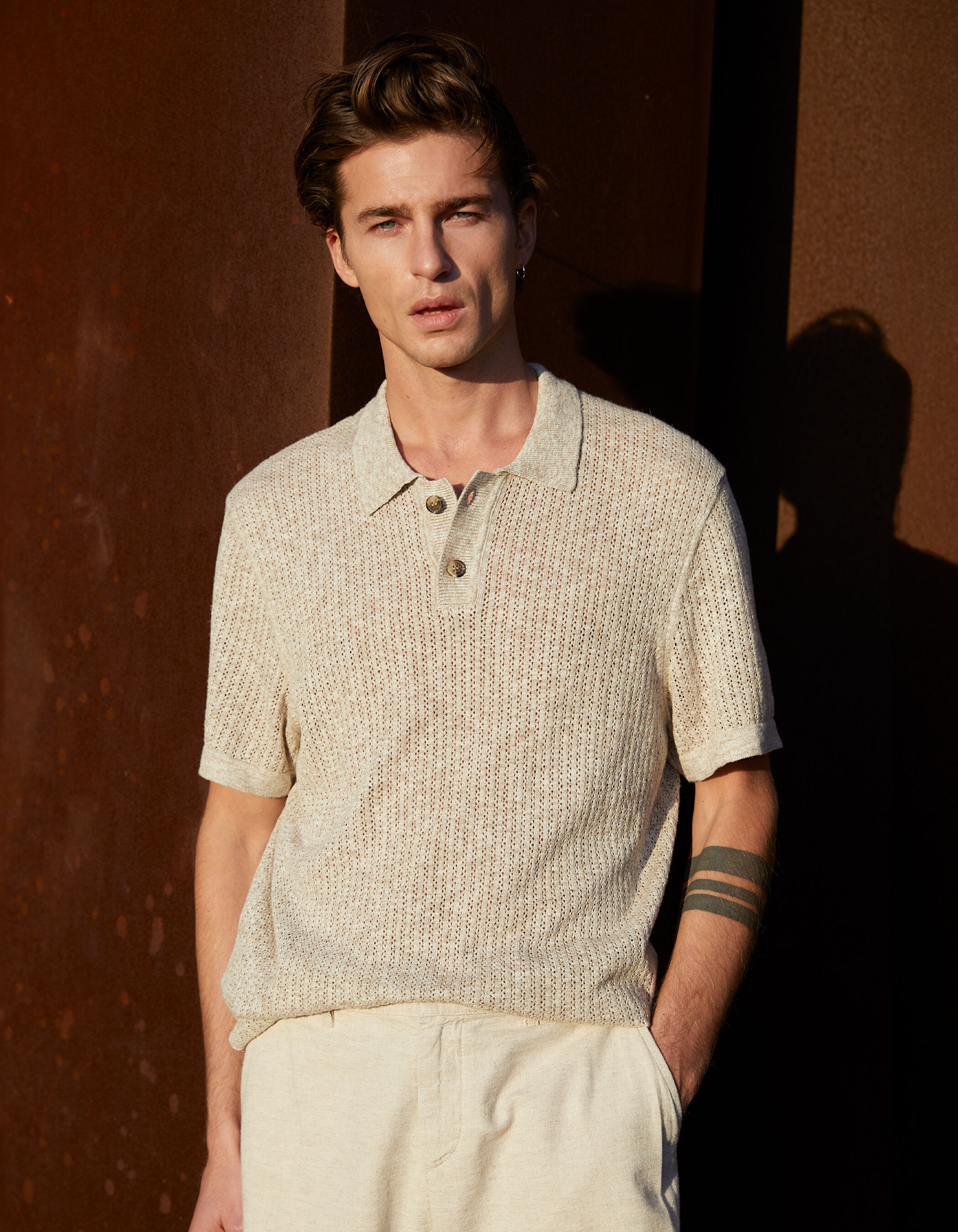 Polo beige tricot ajouré fantaisie Homme