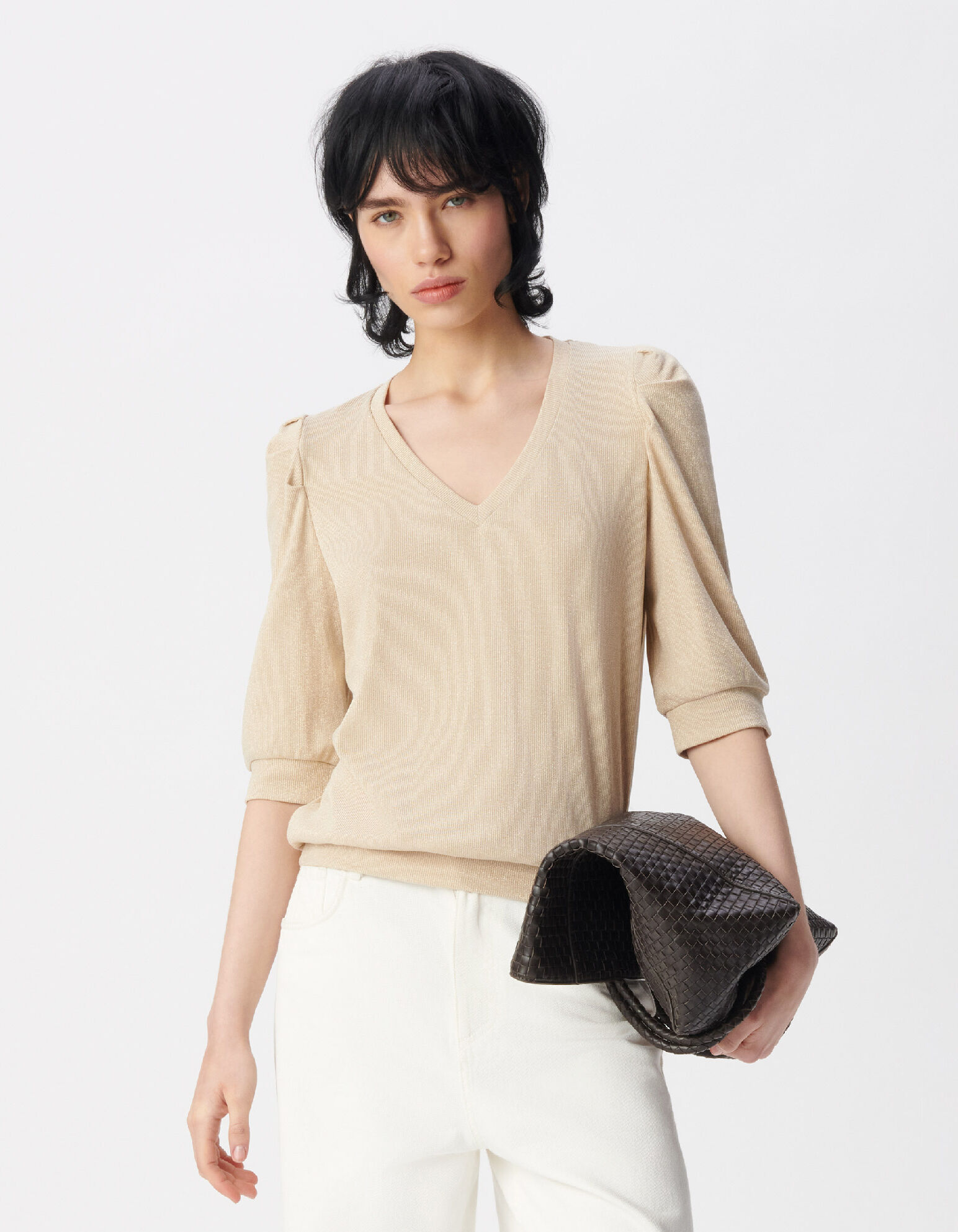 Tee-shirt col V doré maille côtelée à épaulettes Femme