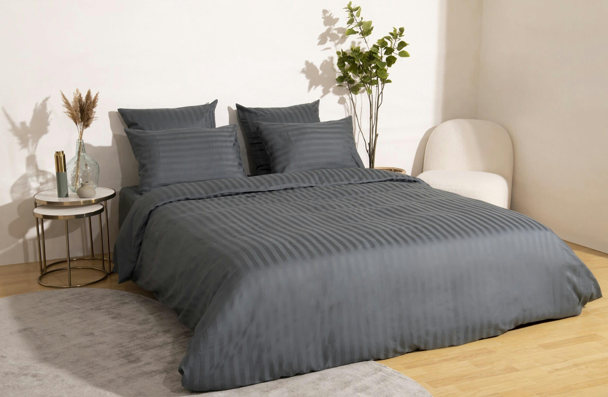 ANNA - Ensemble deux taies d'oreiller gris rayures grises satin 50x70cm