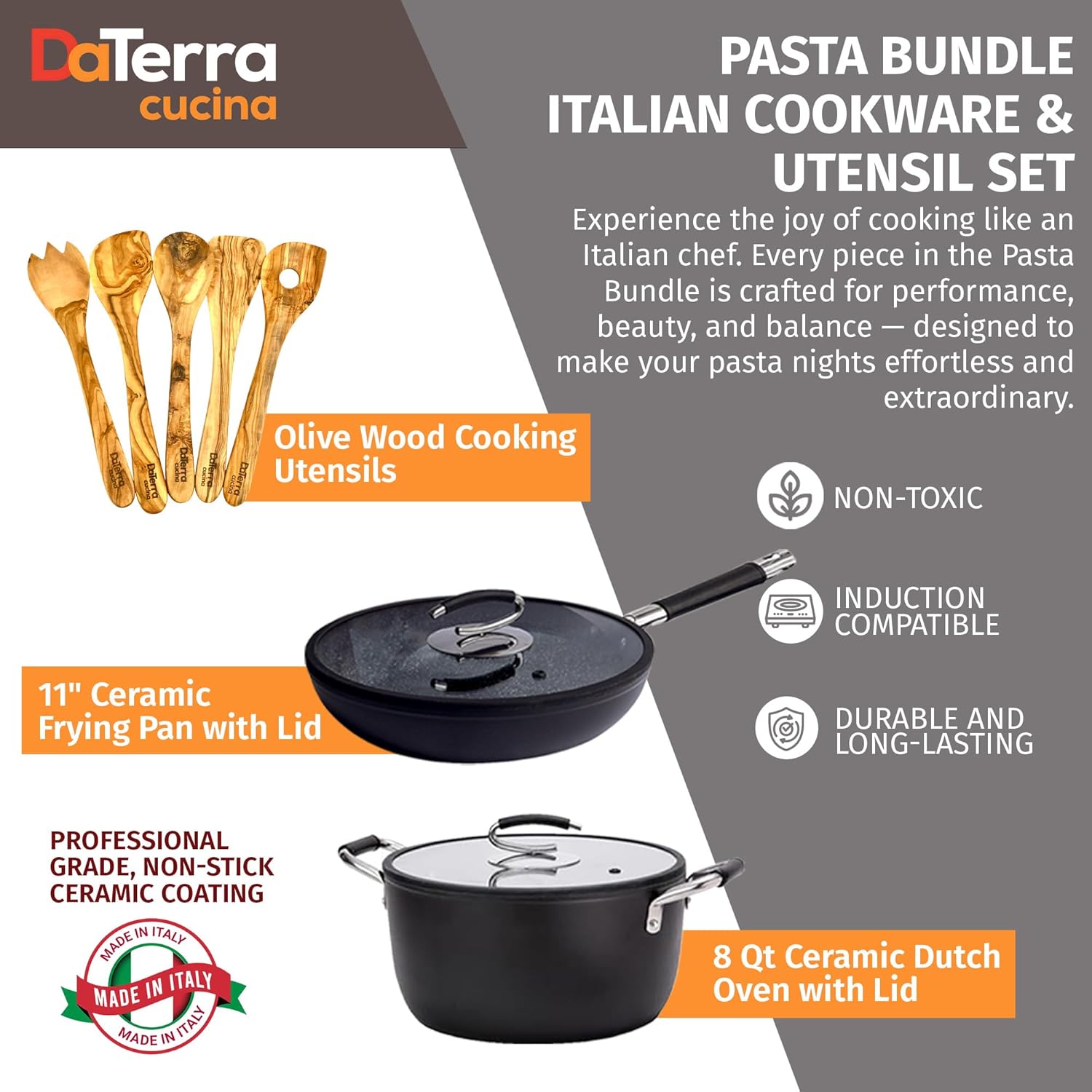 DaTerra Cucina Nonstick Large Pasta Bundle – Induction Compatible Ceramic Coated Non Stick Frying Pan & Dutch Oven Set w/Olive Wood Utensils - Ideal for Frying, Sautéing & Roasting - Made in Italy