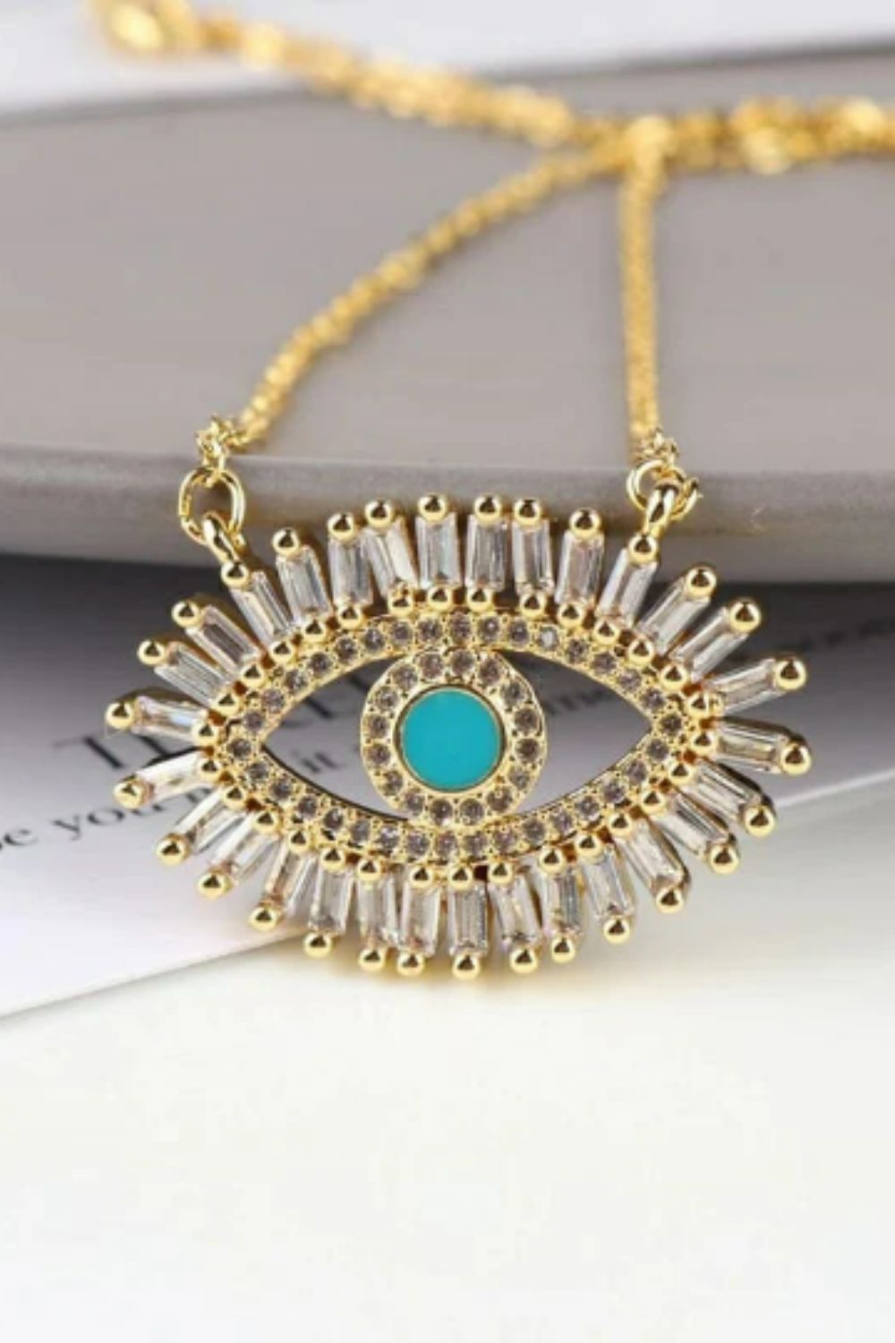 The Colourful Aura Large Evil Eye Crystal Zirconia Turquoise Eyelashes Pendant Necklace