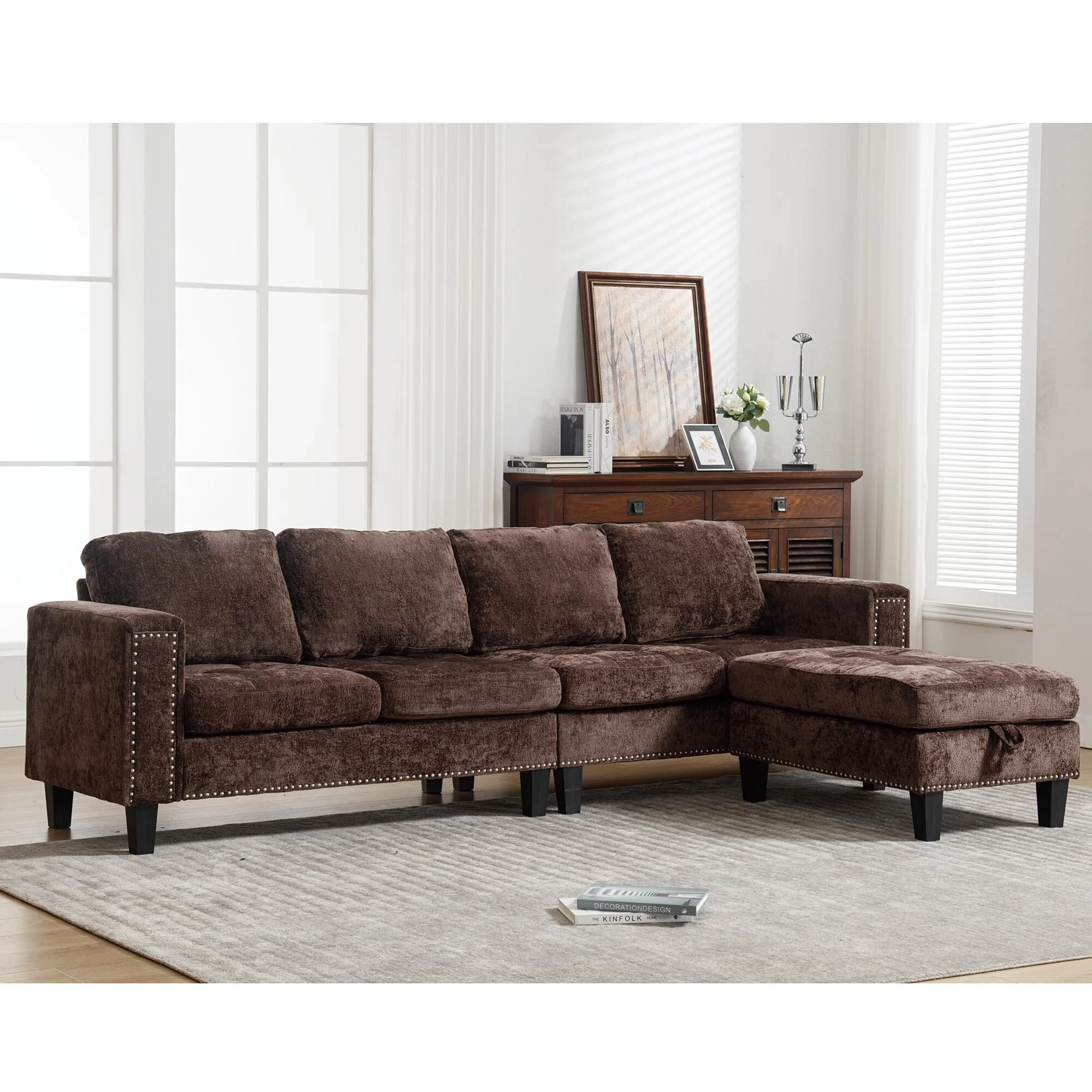 Contemporary Modular Sectional Sofa with Chenille Upholstery and Storage Ottoman for Living Room or Guest Room