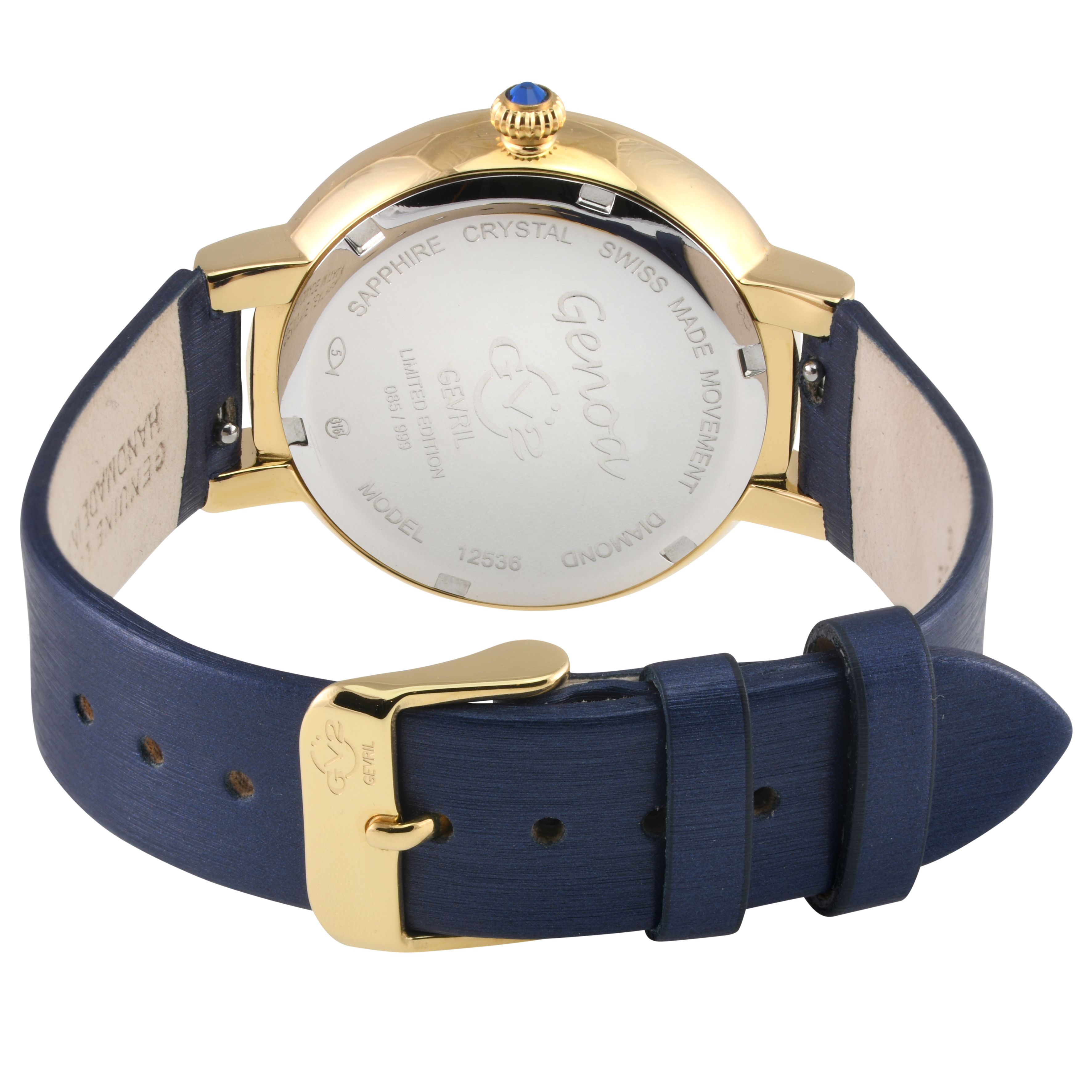 GV2 Genoa, Swiss Quartz Watch, MOP Blue Dial, Genuine Hand Made Italian Leather, and Sapphire Crystal