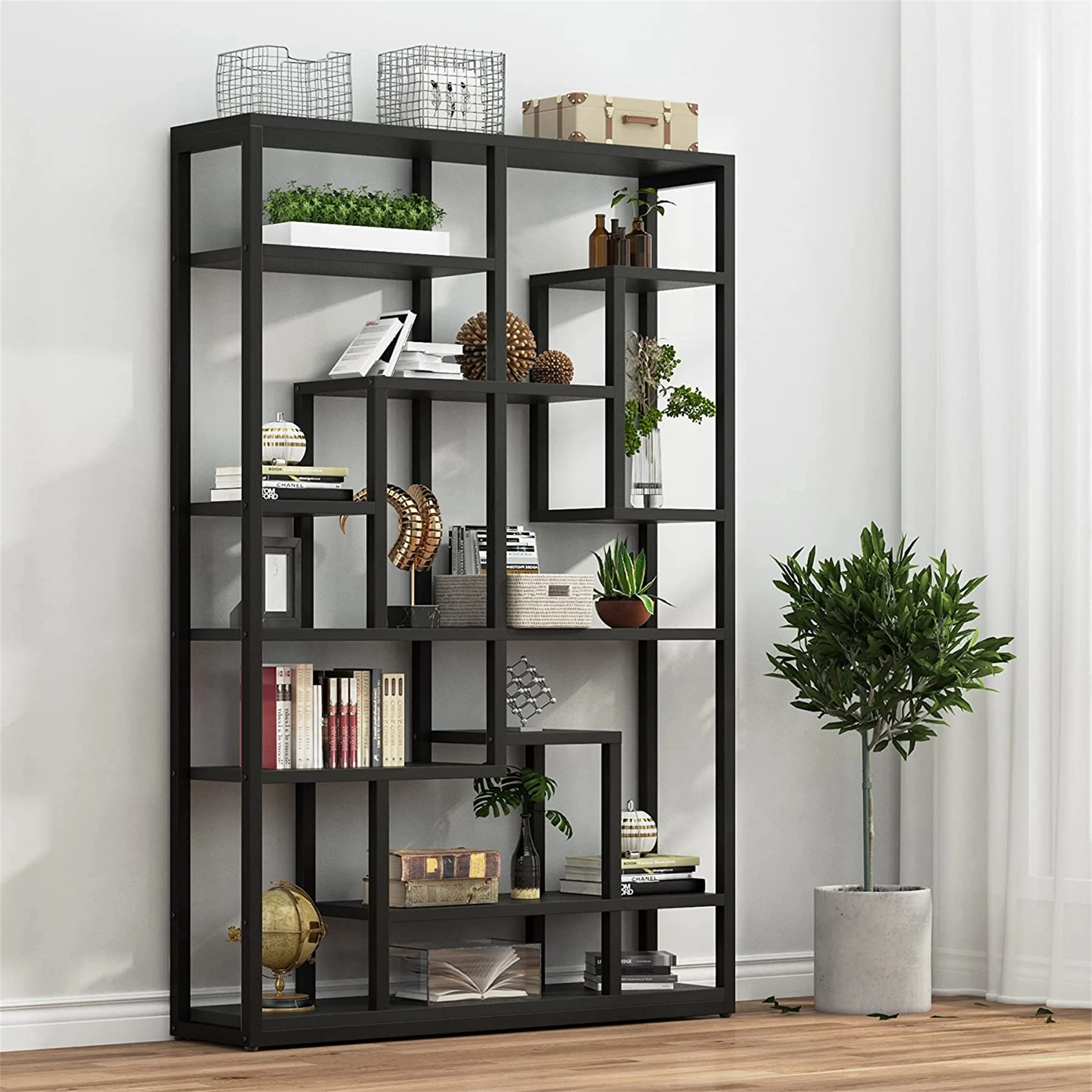 Modern Black Freestanding Bookcase Bookshelf with Spacious Open Storage Display Shelf