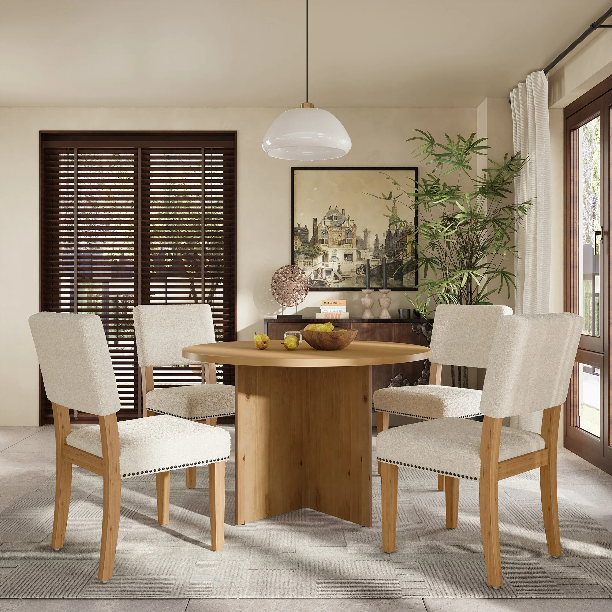 Roomfitters Modern 5-Piece Round Dining Table Set with Pedestal Base and Upholstered Chairs