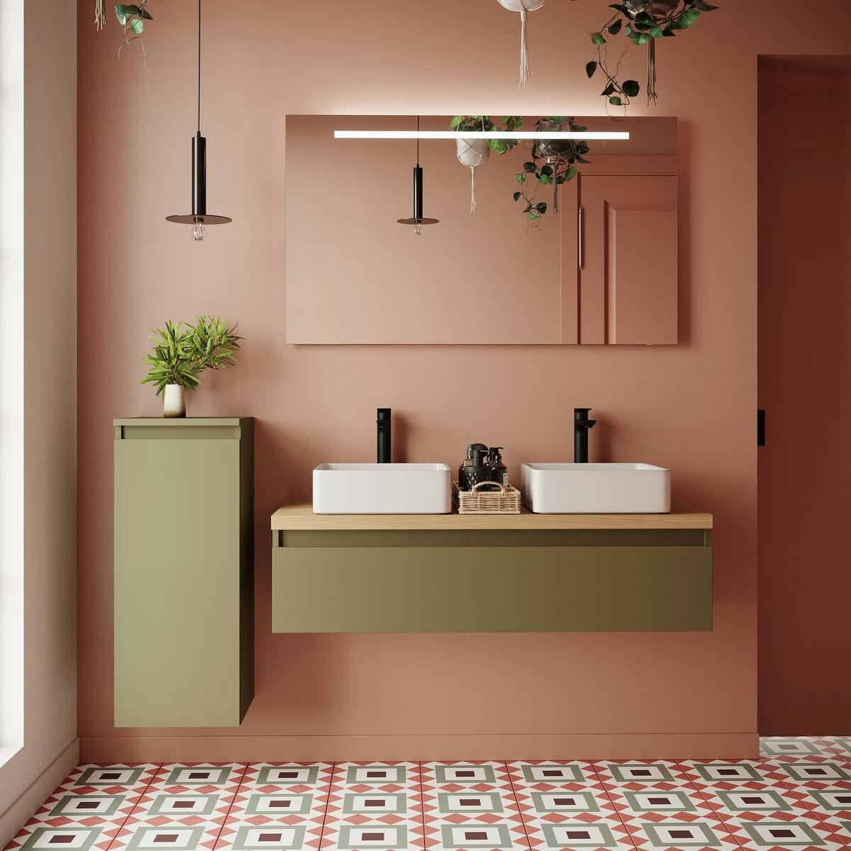 HUDSON - Meuble salle de bain 2 vasques posées 120cm 1 tiroir Vert