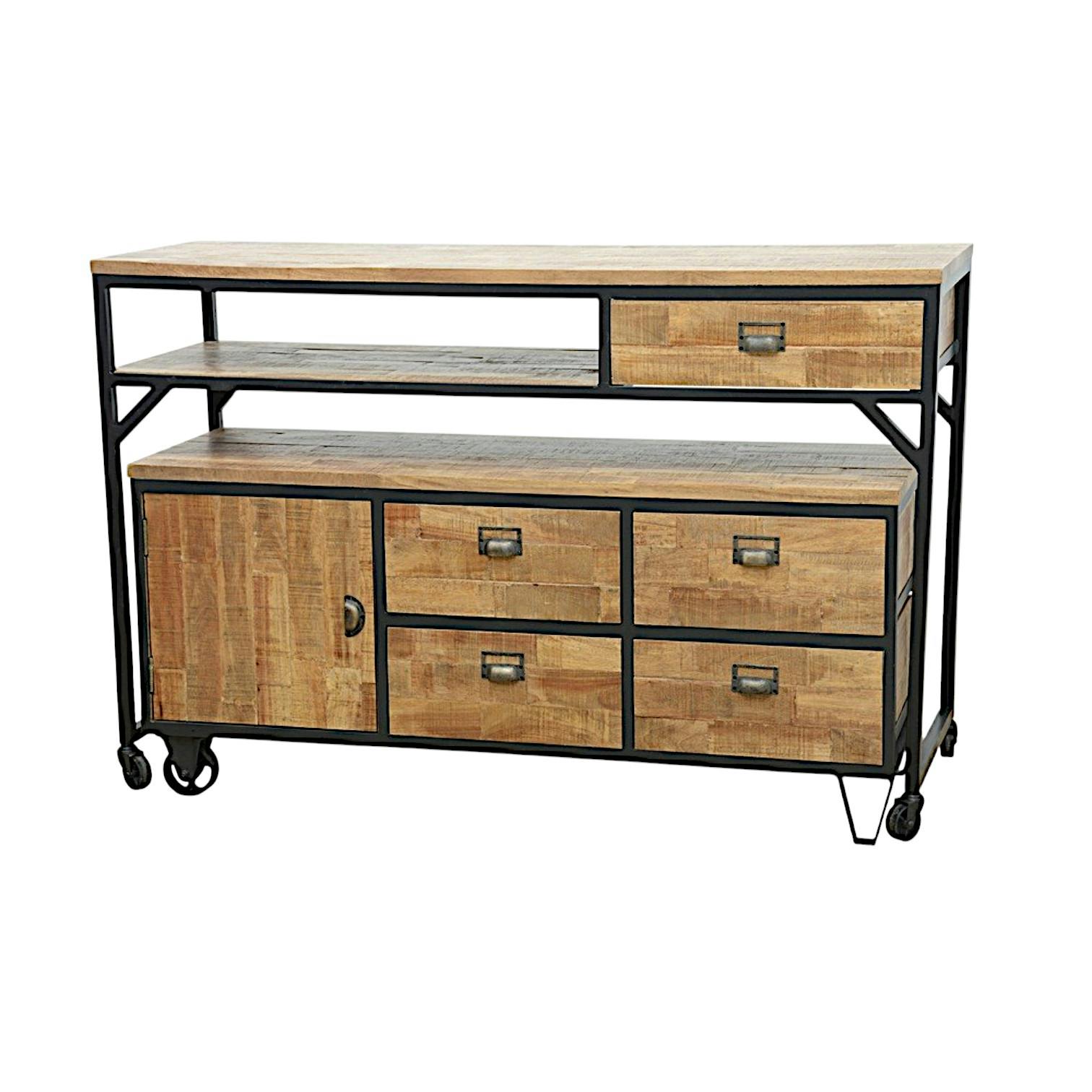 Buffet / Console à roulettes en 2 parties, 4   1 tiroirs, 1 porte en Hévéa recyclé naturel et métal 150x53x97cm LOFT