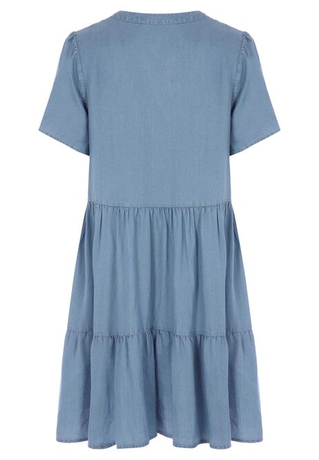 Womens Blue Denim Look Tiered Mini Dress