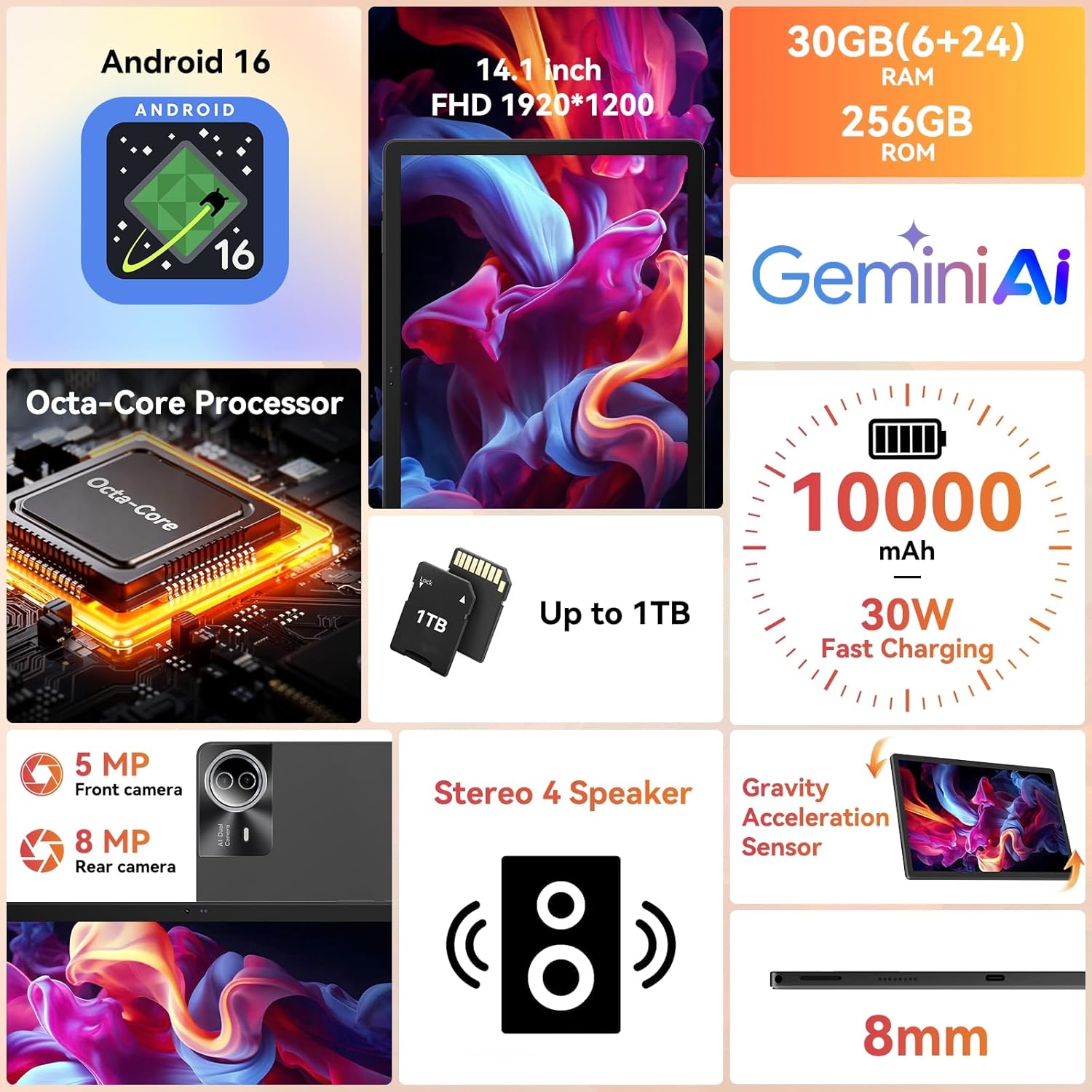 URAO Tablet｜14 inch Android 16 Tablet｜30GB RAM 256GB ROM｜1920 * 1200 IPS FHD｜10000mAh 30W Fast Charging｜Octa-core Processor｜Wi-Fi 6, BT 5.4｜Dual Camera with Keyboard｜Mouse｜Stylus｜Case｜Headphone