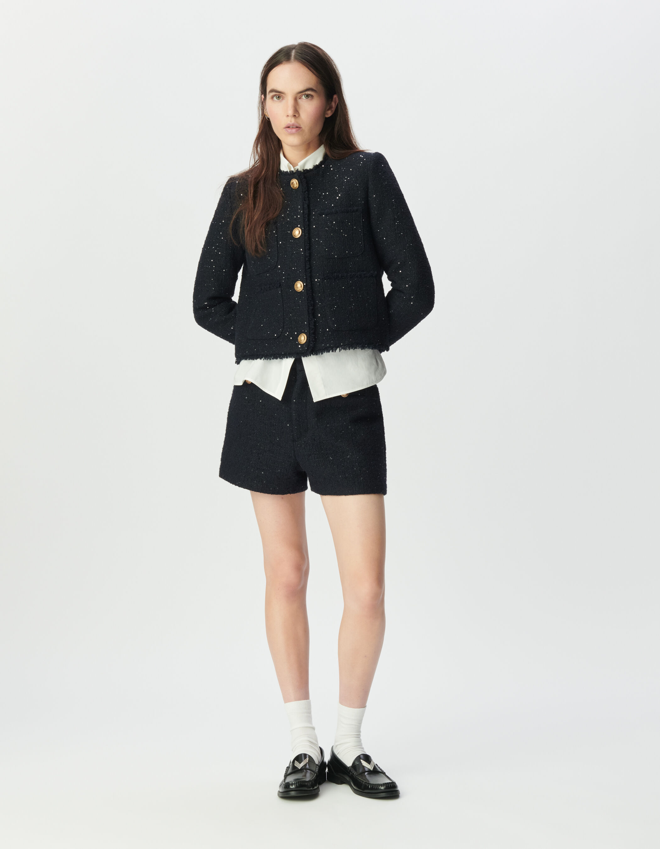 Veste courte marine effet tweed et sequins brodés Femme