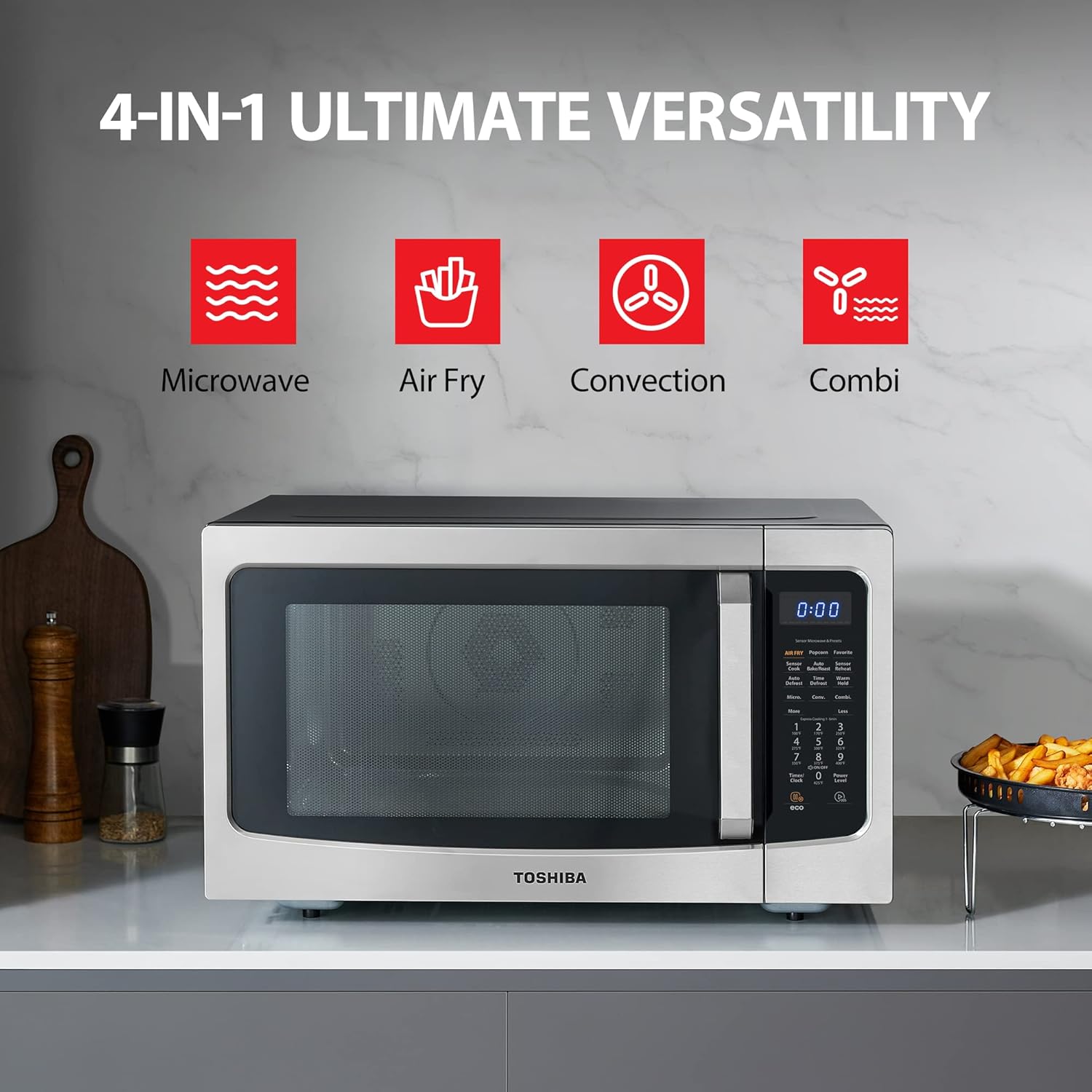 Toshiba Air Fryer Combo 4-in-1 Countertop Microwave Oven, Smart Sensor, Convection, Mute Function, Position Memory 13.6 Turntable, 1.5 Cu Ft, 1000W, Silver, ML-EC42P(SS)