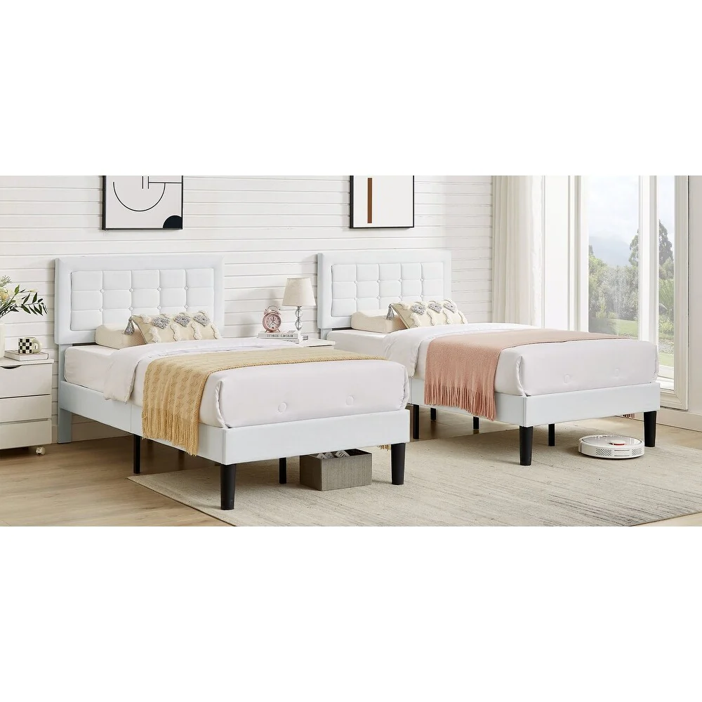 VECELO Tufted Upholstered Kids Bed with Adjustable Headboard,Twin Size Bed Set of 2
