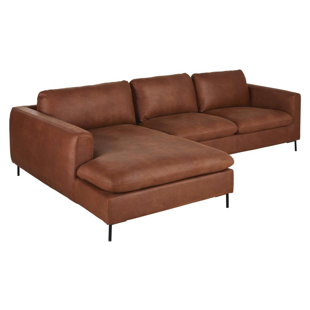 City - Canapé d'angle gauche 4/5 places en cuir recyclé marron