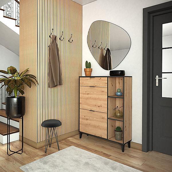 Meuble à chaussures, commode à chaussures avec 2 étagères coloris chêne - Hauteur 110,8x Longueur 90 x profondeur24,50 cm