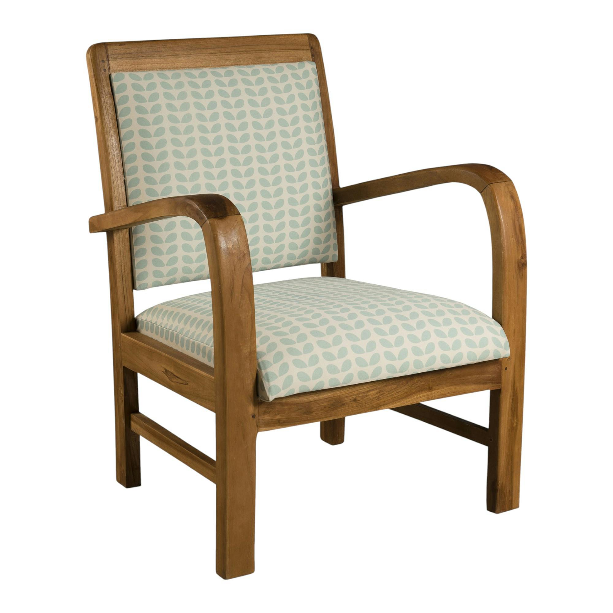 Fauteuil Teck assise tissu coton motifs feuilles rétro années 50. Dim: 61x63x81cm DIKA